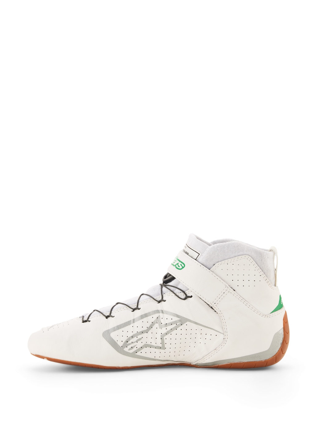 Alpinestars Tech-1 Z V3 Scarpe FIA, scarpe da corsa bianche con dettagli verdi e argento, suola in gomma, design a stivaletto in pelle traforata, sistema di allacciatura rapida con supporto a filo, logo Alpinestars argento sul lato