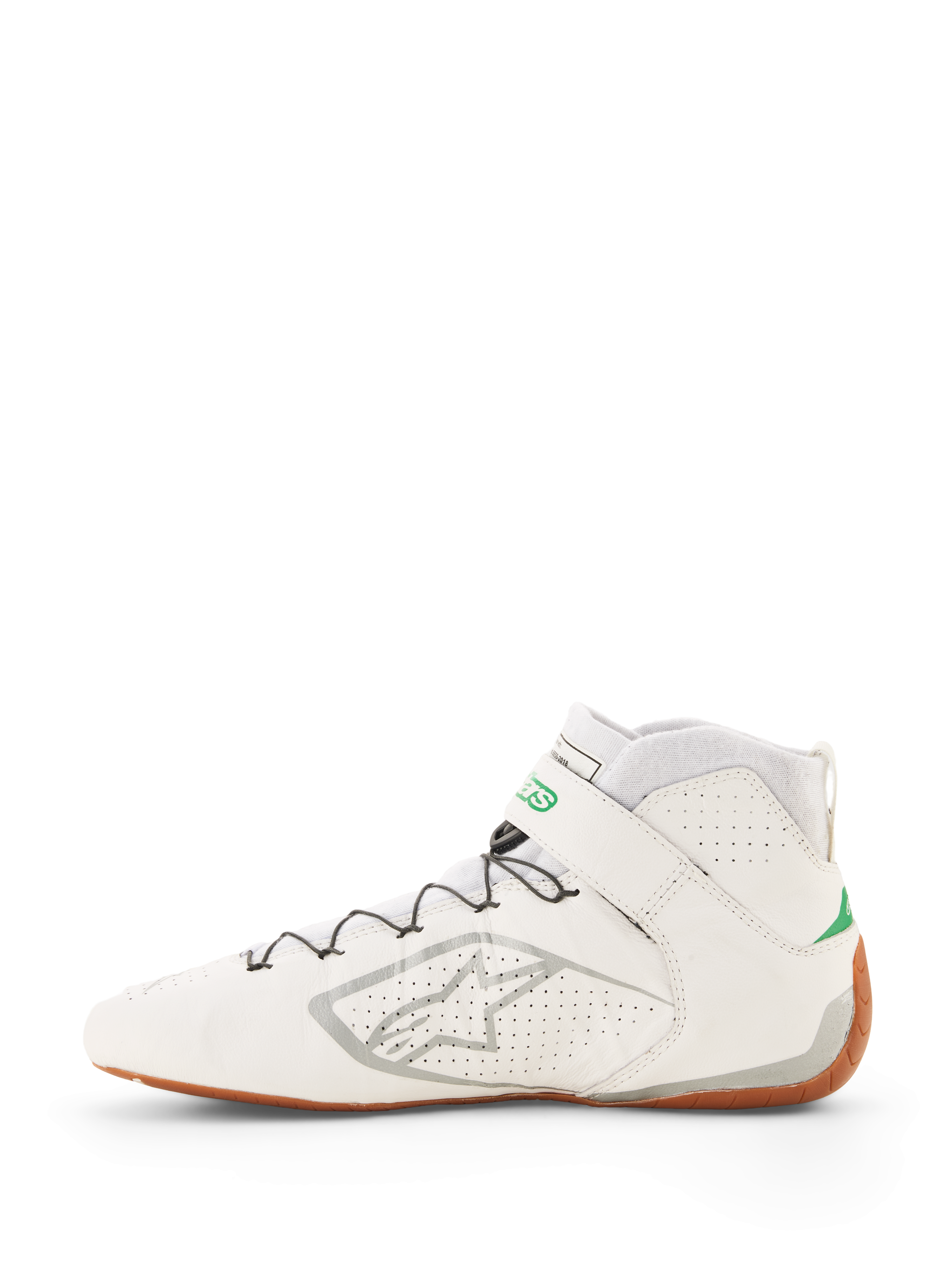 Alpinestars Tech-1 Z V3 Scarpe FIA, scarpe da corsa bianche con dettagli verdi e argento, suola in gomma, design a stivaletto in pelle traforata, sistema di allacciatura rapida con supporto a filo, logo Alpinestars argento sul lato
