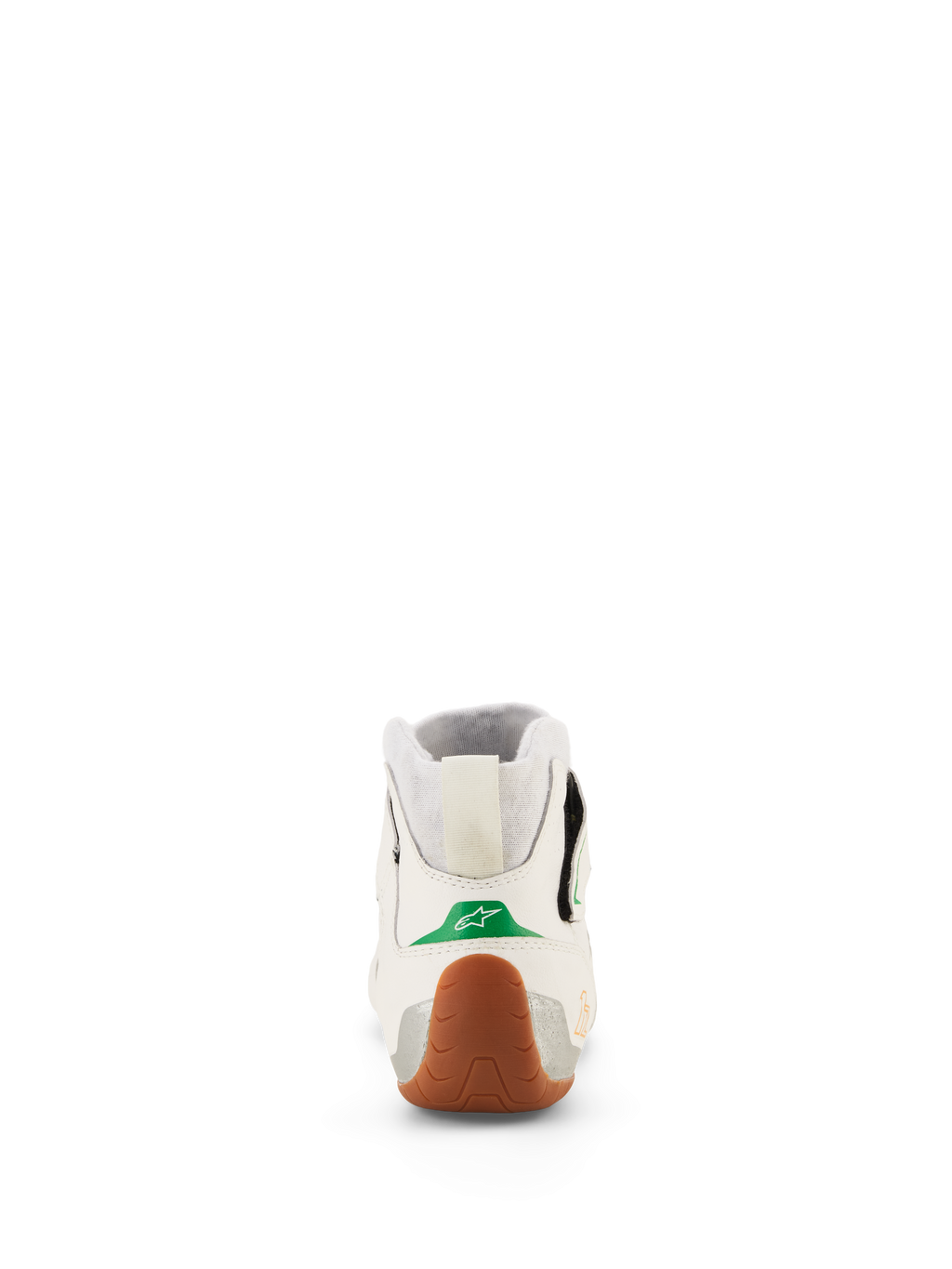 Scarpe Alpinestars Tech-1 Z V3 FIA, scarpe da kart e automobilismo, bianco verde gomma argento, vista posteriore con dettaglio verde sul tallone e logo a stella bianco, suola in gomma testurizzata che avvolge il tallone, pannelli laterali argento e colletto in maglia elasticizzata.