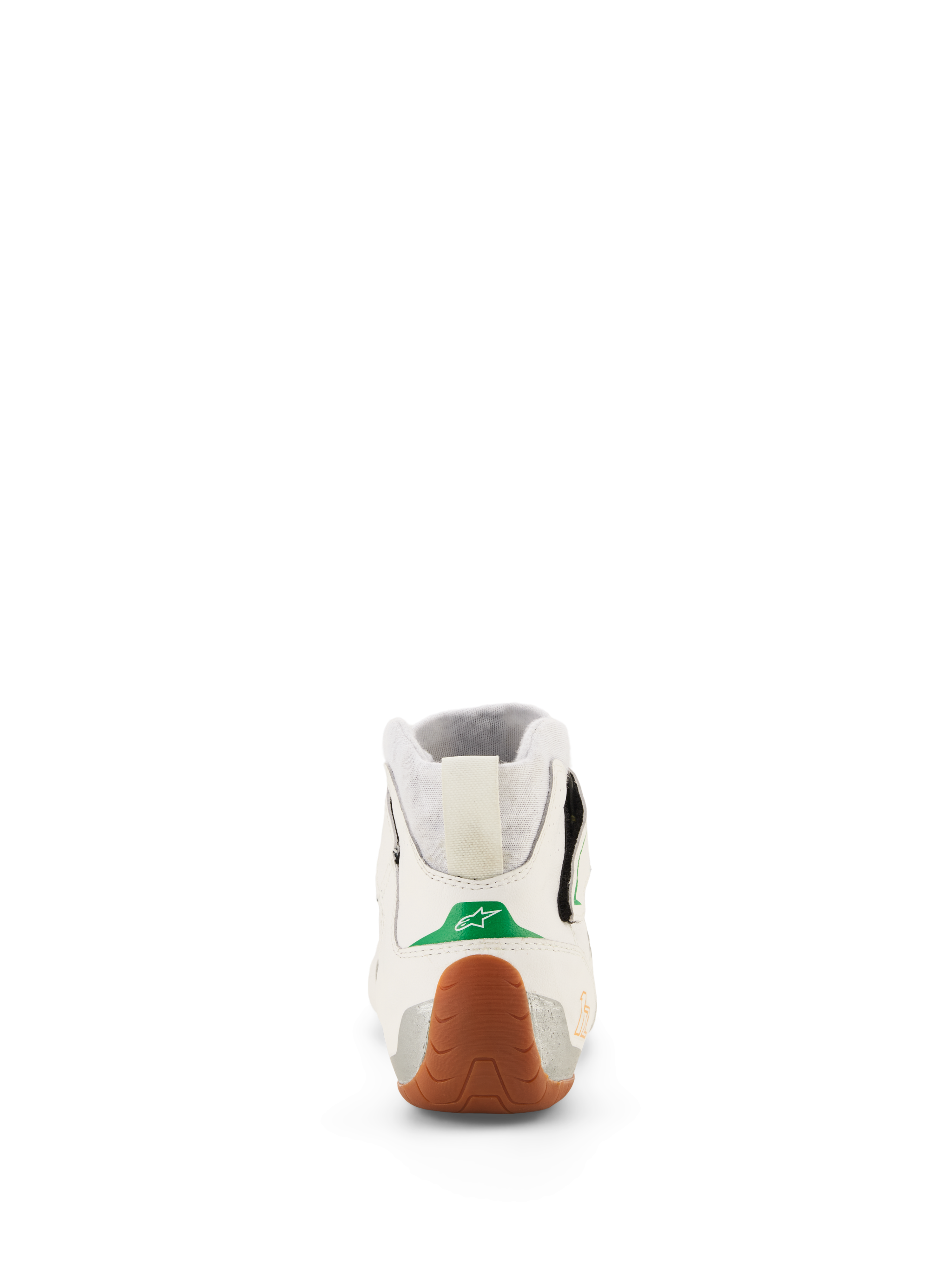 Scarpe Alpinestars Tech-1 Z V3 FIA, scarpe da kart e automobilismo, bianco verde gomma argento, vista posteriore con dettaglio verde sul tallone e logo a stella bianco, suola in gomma testurizzata che avvolge il tallone, pannelli laterali argento e colletto in maglia elasticizzata.