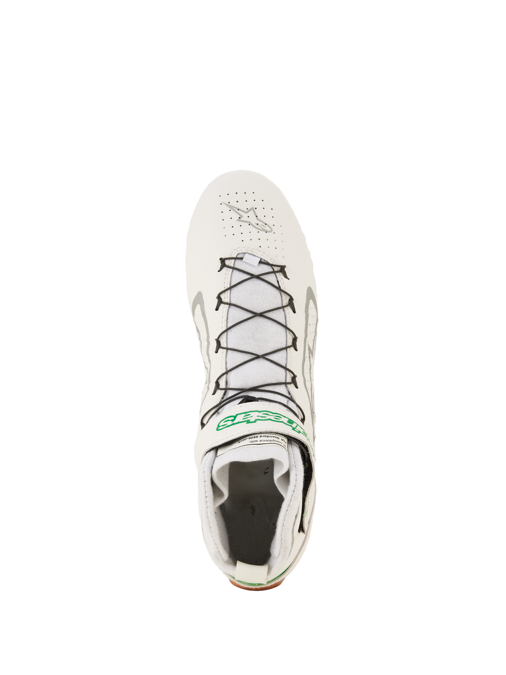 Alpinestars Tech-1 Z V3 Shoes FIA, calzature professionali da auto racing, bianco, verde e argento, vista dall'alto con allacciatura rapida nera e supporto a filo, tomaia in pelle traforata e marchio Alpinestars verde sul cinturino