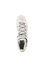 Alpinestars Tech-1 Z V3 Shoes FIA, calzature professionali da auto racing, bianco, verde e argento, vista dall'alto con allacciatura rapida nera e supporto a filo, tomaia in pelle traforata e marchio Alpinestars verde sul cinturino