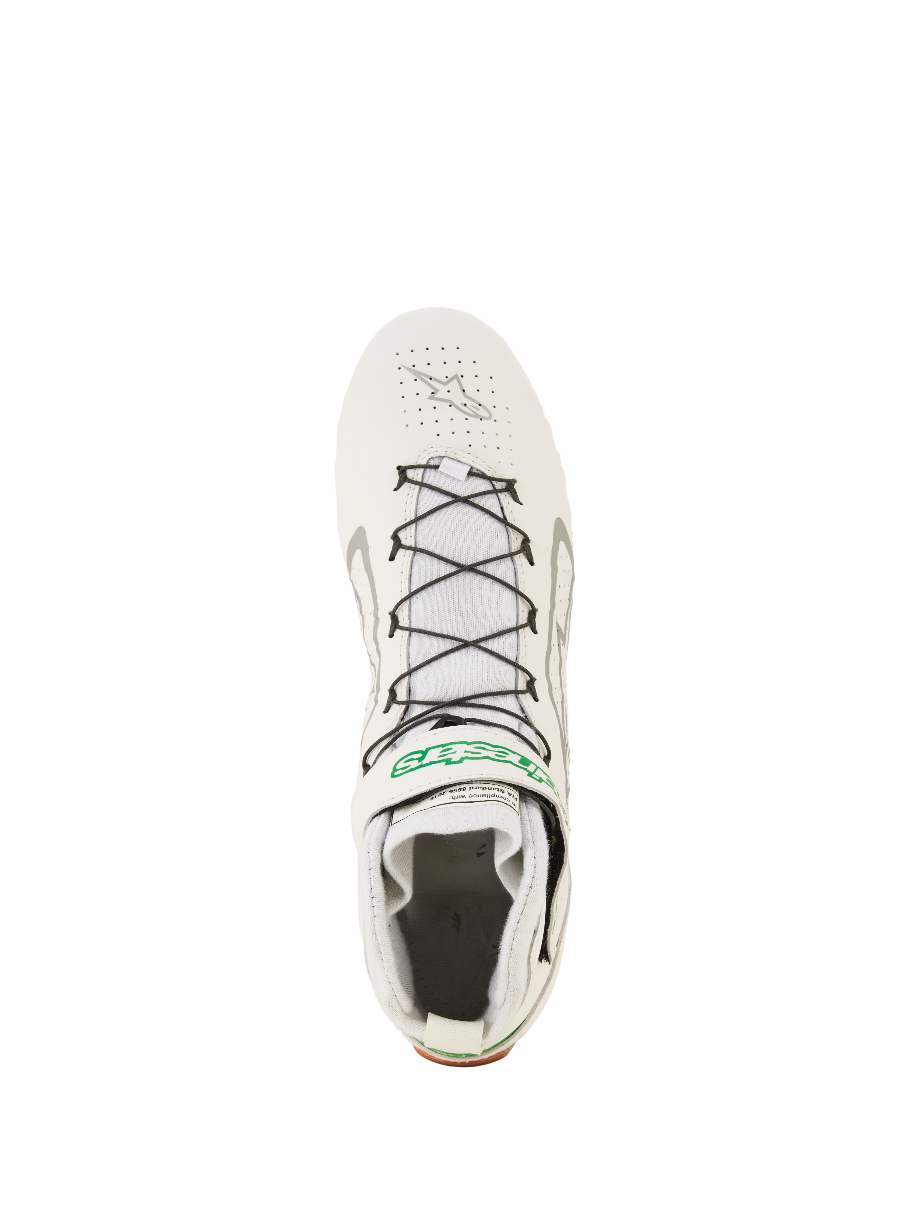 Alpinestars Tech-1 Z V3 Shoes FIA, calzature professionali da auto racing, bianco, verde e argento, vista dall'alto con allacciatura rapida nera e supporto a filo, tomaia in pelle traforata e marchio Alpinestars verde sul cinturino