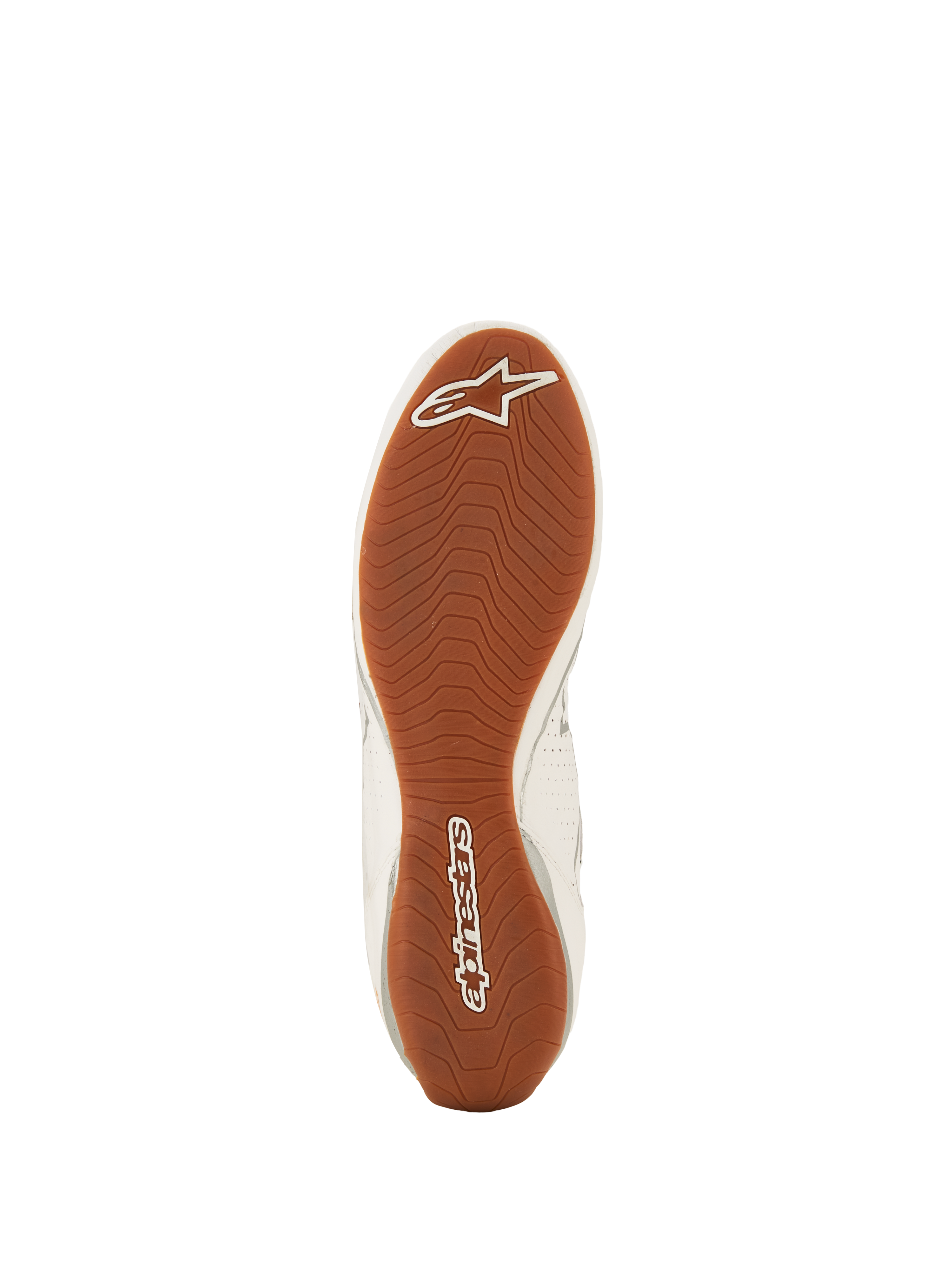 Alpinestars Tech-1 Z V3 Scarpe FIA, scarpe da corsa automobilistica, Bianco Verde Gomma Argento, vista dal basso della suola esterna in gomma testurizzata, battistrada asimmetrico con logo Alpinestars bianco sulla punta e sul tallone