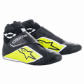 Alpinestars Supermono V2 Shoes FIA, scarpe da corsa auto, nero, giallo fluo e bianco, design ad altezza caviglia con polsino a coste, costruzione in pelle monopezzo traforata con loghi a stella, profilo aerodinamico per motorsport professionale