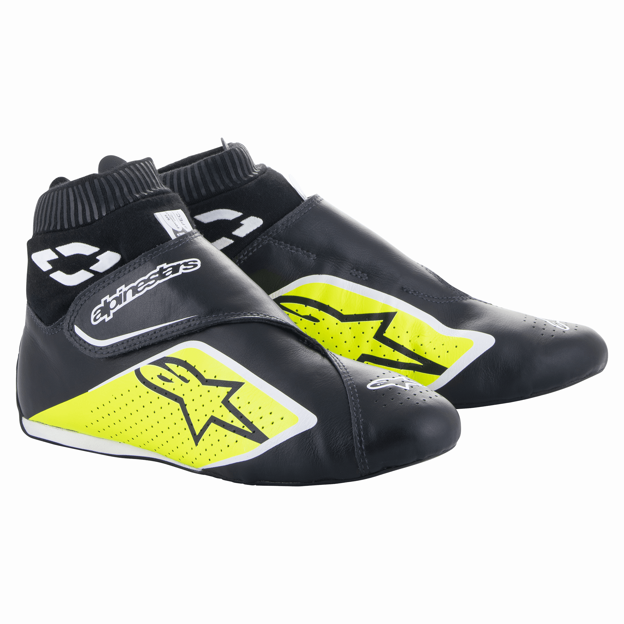 Alpinestars Supermono V2 Shoes FIA, scarpe da corsa auto, nero, giallo fluo e bianco, design ad altezza caviglia con polsino a coste, costruzione in pelle monopezzo traforata con loghi a stella, profilo aerodinamico per motorsport professionale