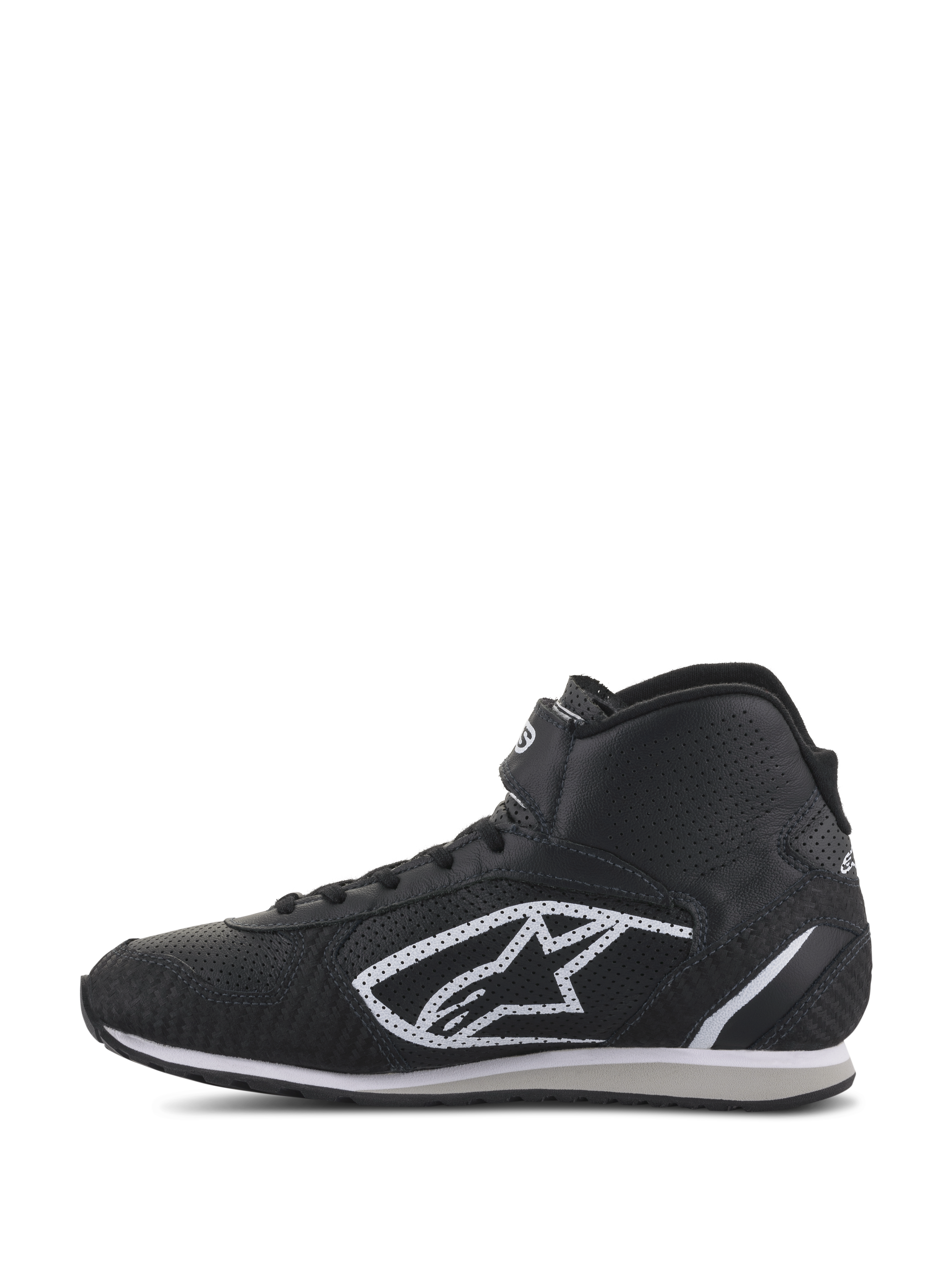 Scarpe Alpinestars Radar, scarpe per meccanici pit crew auto racing, nero e bianco, profilo high-top con tomaia in pelle traforata, iconico logo A-star bianco sul lato e cinturino alla caviglia a strappo regolabile