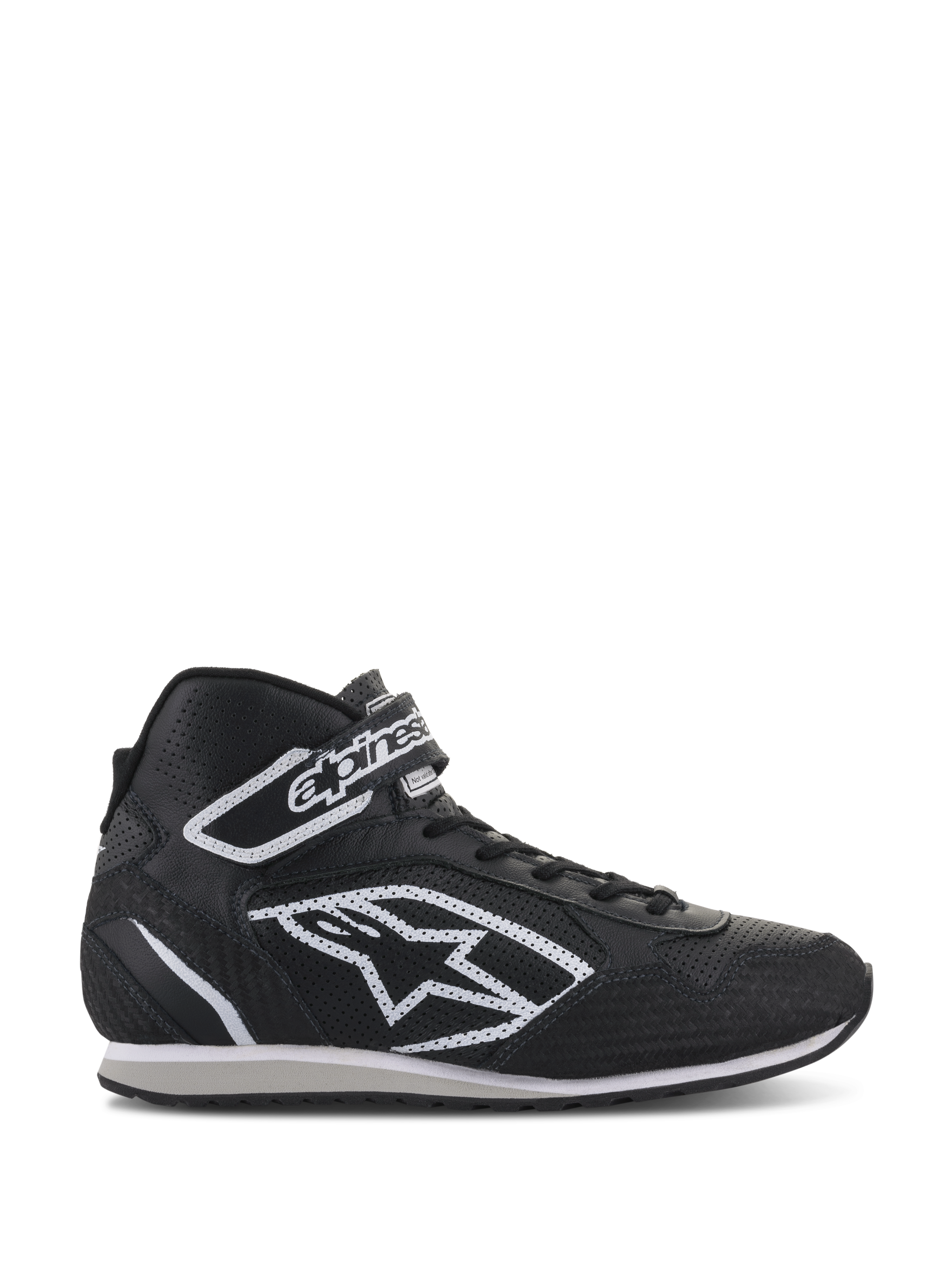 Scarpe Alpinestars Radar, calzature professionali per pit crew da corsa, nero e bianco, tomaia in pelle traforata con grande logo a stella bianco, design alto con cinturino in velcro sulla caviglia e lacci, stile resistente ispirato al motorsport