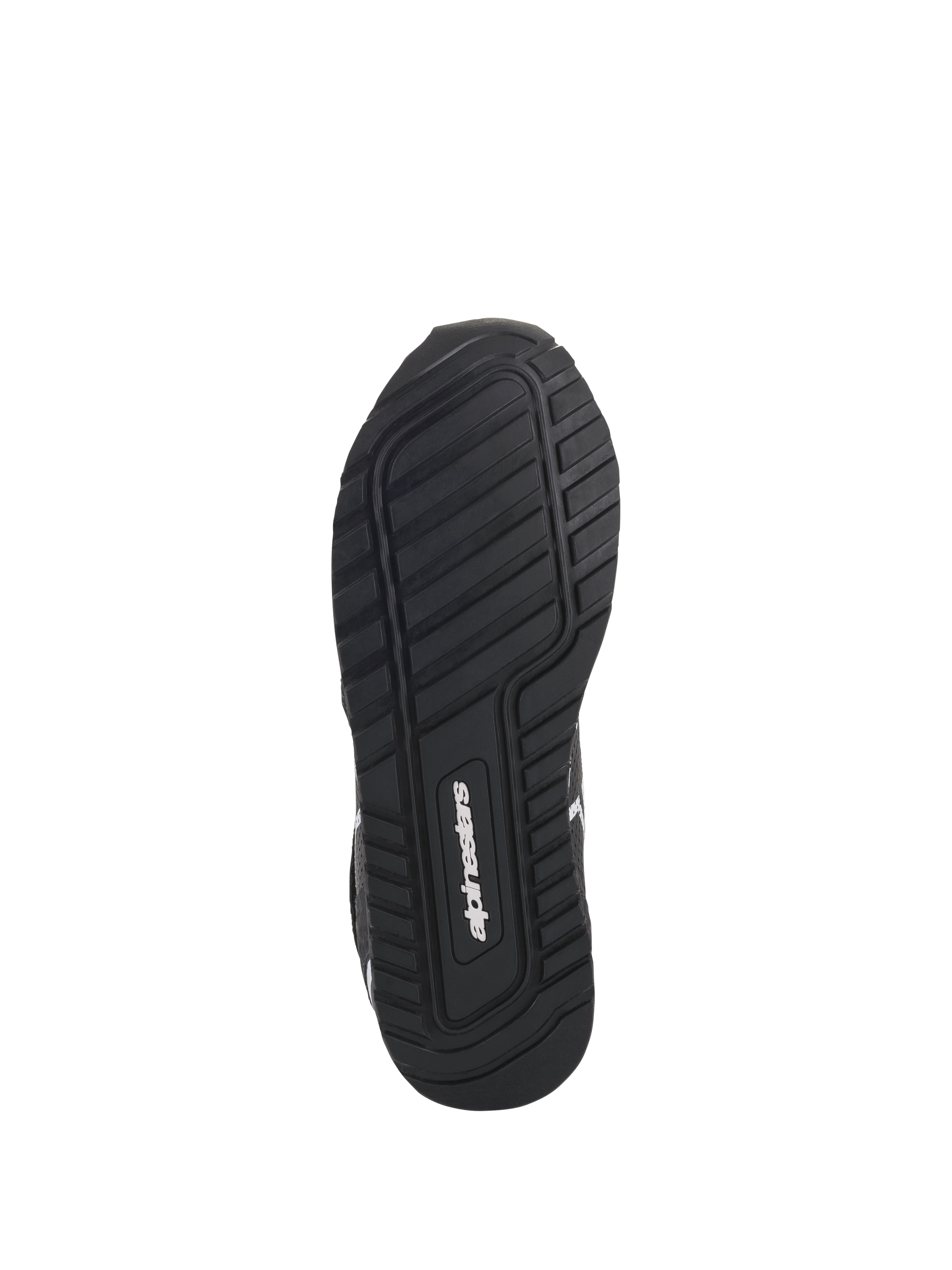 Scarpe Alpinestars Radar, nero e bianco, vista dal basso che mostra l'esclusiva suola in mescola di gomma con battistrada testurizzato per aderenza e stabilità, logo Alpinestars al centro
