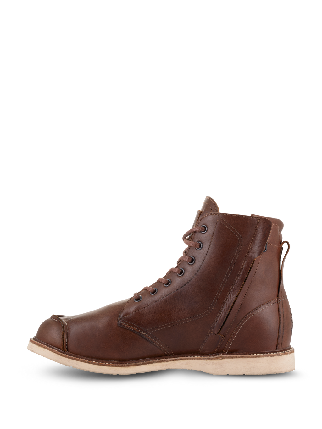 Scarpe Alpinestars Oscar Monty V2, scarpe da moto in pelle marrone, vista laterale mediale con cerniera laterale e lacci, design moc toe con suola a zeppa di colore chiaro, calzature protettive d'ispirazione heritage