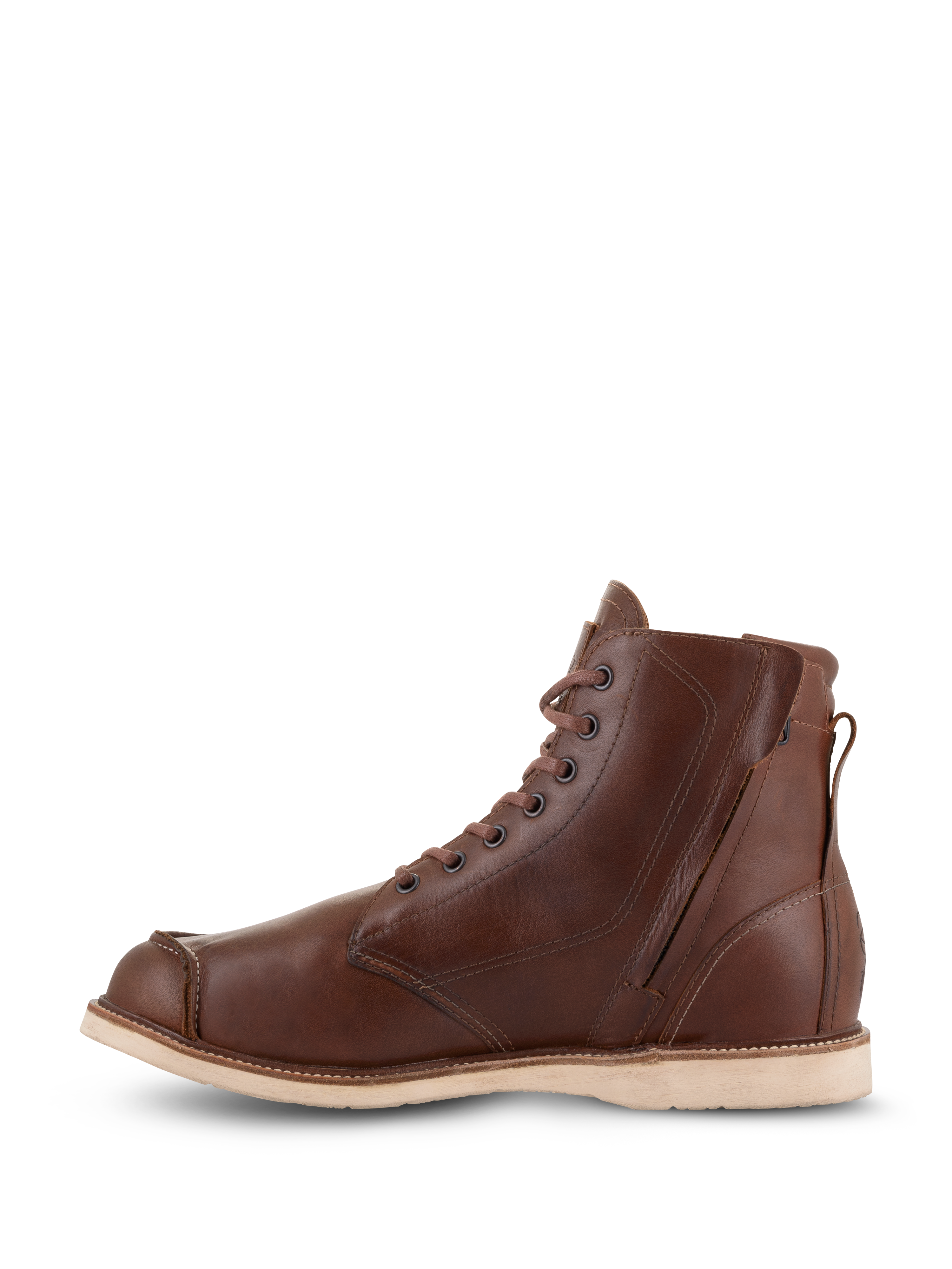 Scarpe Alpinestars Oscar Monty V2, scarpe da moto in pelle marrone, vista laterale mediale con cerniera laterale e lacci, design moc toe con suola a zeppa di colore chiaro, calzature protettive d'ispirazione heritage