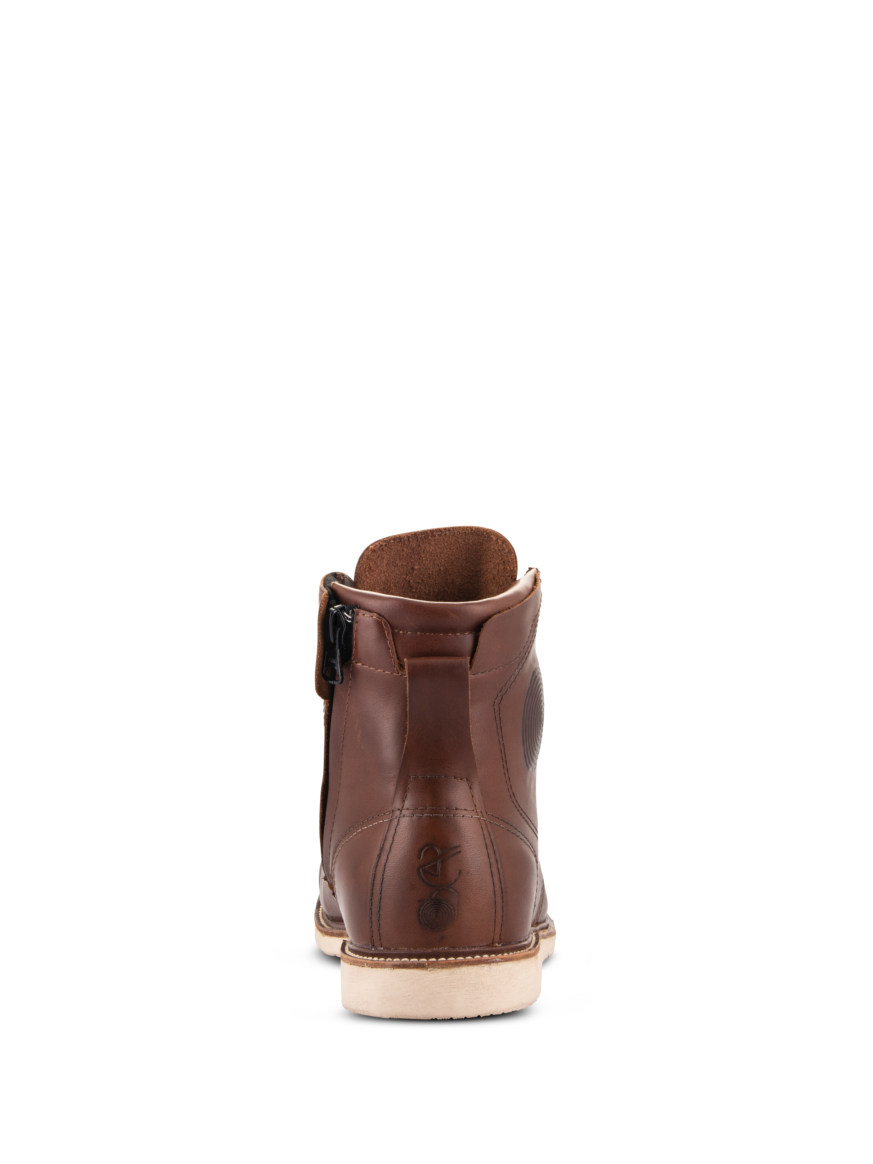 Scarpe Alpinestars Oscar Monty V2, scarpa da moto in pelle marrone, vista posteriore con suola a zeppa bianca e zip laterale interna, logo Oscar impresso sul tallone, design urbano stile heritage