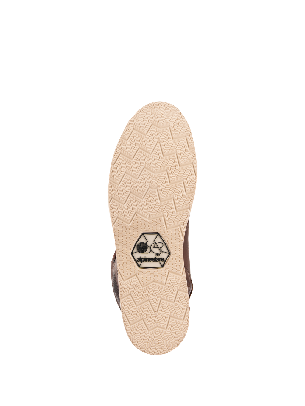 Scarpe Alpinestars Oscar Monty V2, vista della suola, suola a zeppa beige chiaro con motivo geometrico a rombi, logo OSCAR by Alpinestars nero, scarpa da moto urbana in pelle marrone