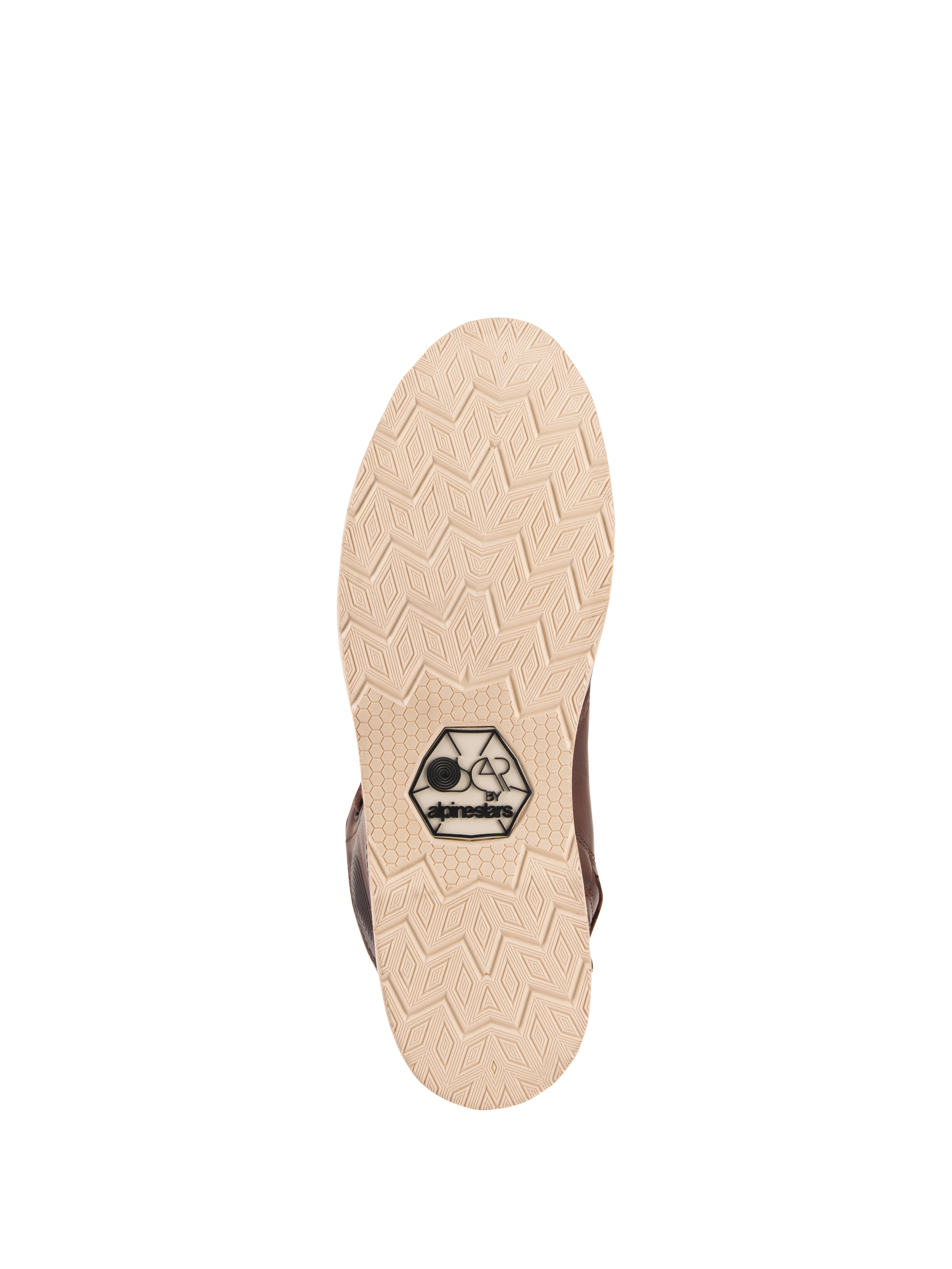 Scarpe Alpinestars Oscar Monty V2, vista della suola, suola a zeppa beige chiaro con motivo geometrico a rombi, logo OSCAR by Alpinestars nero, scarpa da moto urbana in pelle marrone