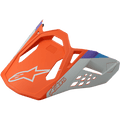 Visiera Alpinestars S-M8 Contact, visiera di ricambio per casco da motocross, arancione opaco e grigio con accenti blu e viola, design angolare con aperture di ventilazione, logo a stella bianco e scritta Astars