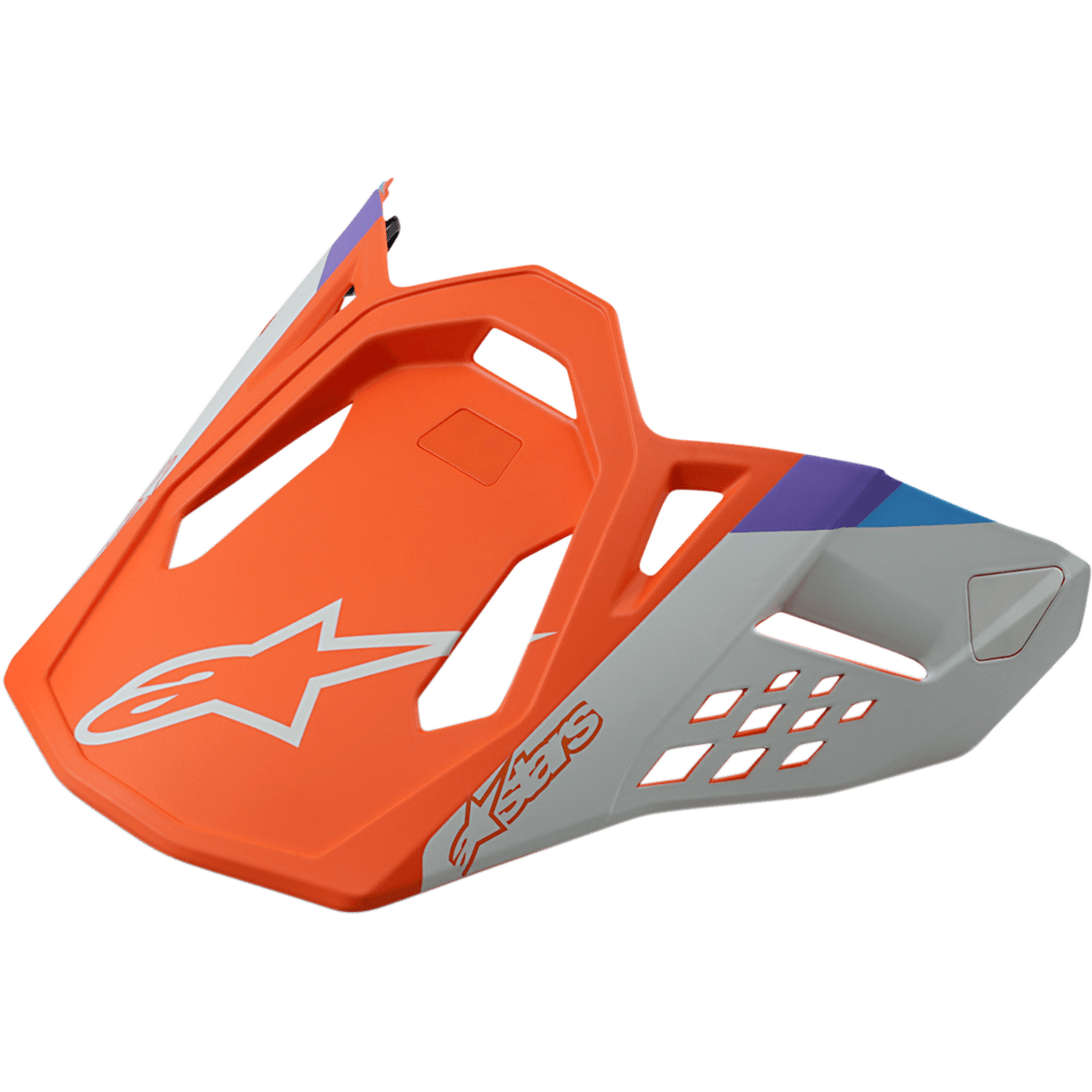 Visiera Alpinestars S-M8 Contact, visiera di ricambio per casco da motocross, arancione opaco e grigio con accenti blu e viola, design angolare con aperture di ventilazione, logo a stella bianco e scritta Astars