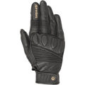 Guanti Alpinestars Crazy Eight, guanti da moto in pelle nera, caratterizzati da pannelli elasticizzati a soffietto sulle dita e sul dorso, imbottitura traforata sulle nocche, logo Alpinestars color tan sul dito indice e cinturino regolabile a strappo sul polso con dettaglio del logo circolare.