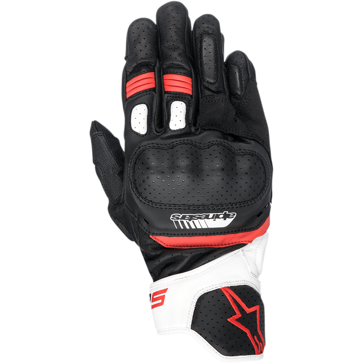 Alpinestars SP-5, guanti da moto racing, nero, bianco e rosso, protezione nocche in pelle traforata, polsino corto con dettagli bianchi e rossi, logo Alpinestars, design ergonomico per guida sportiva