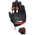 Alpinestars SP-5, guanti da moto racing, nero, bianco e rosso, protezione nocche in pelle traforata, polsino corto con dettagli bianchi e rossi, logo Alpinestars, design ergonomico per guida sportiva