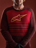 Alpinestars A-Dura Elite, maglia MTB bordeaux a maniche lunghe con pannello rosso, logo A-star giallo e strisce orizzontali.