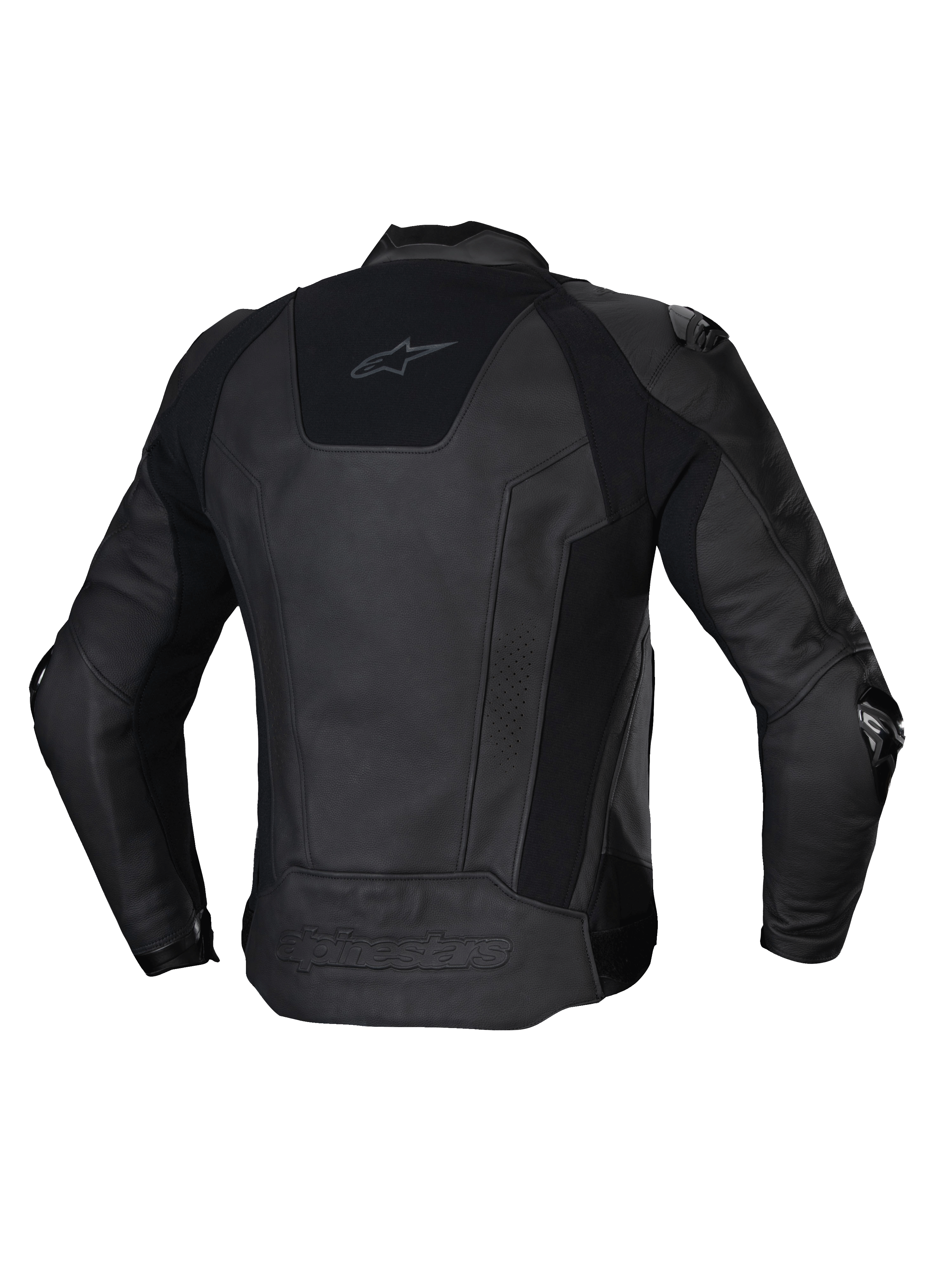 Giacca In Pelle Missile V3, giacca da moto racing/sport da uomo, vista posteriore in nero, pregiata pelle bovina da gara con inserti elasticizzati e protezione certificata CE
