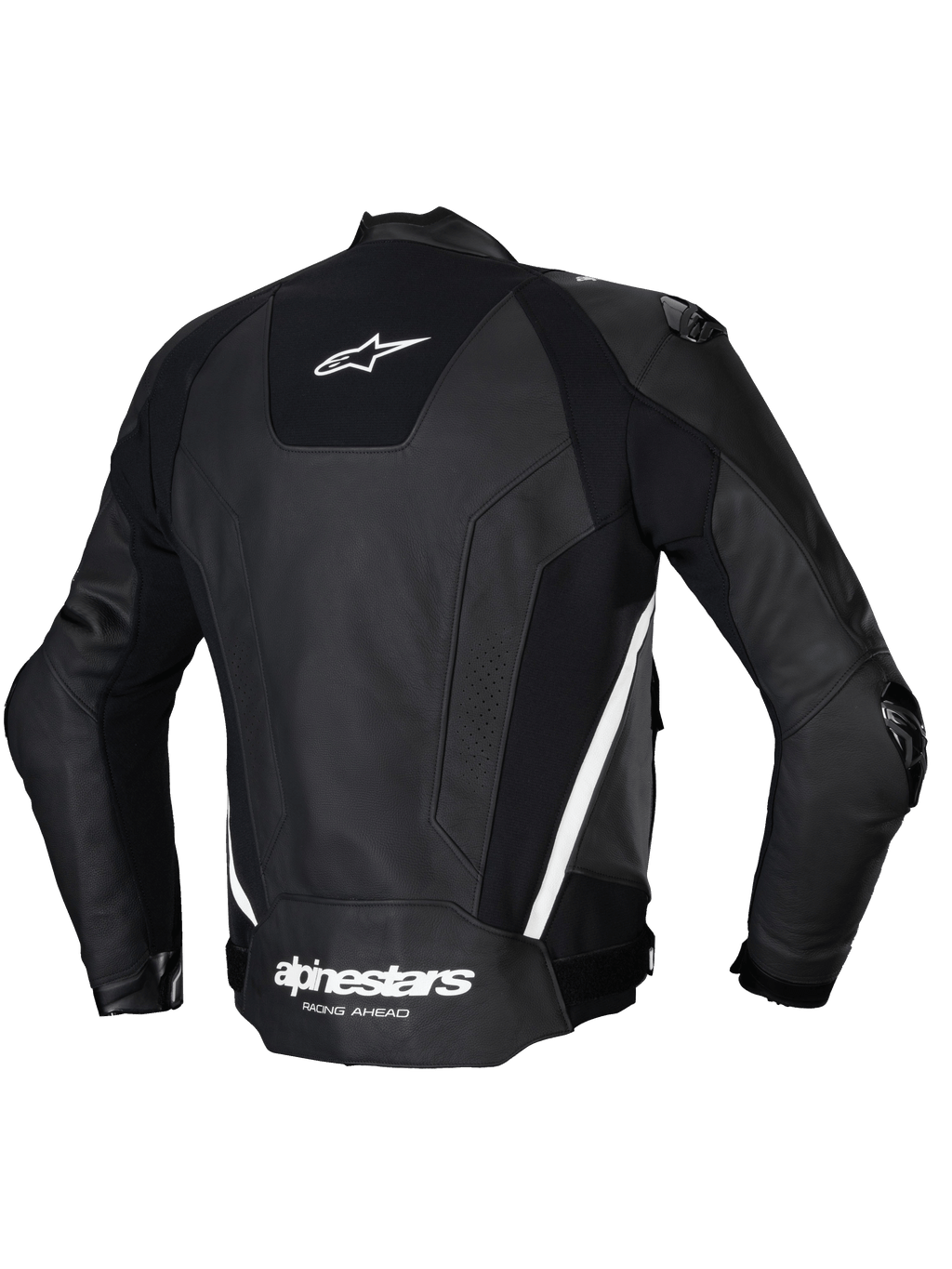Alpinestars Giacca In Pelle Missile V3, giacca da moto sportiva racing da uomo, vista posteriore in nero e bianco, in pelle bovina premium con pannelli elasticizzati e protezione esterna sulle spalle