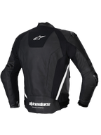 Alpinestars Giacca In Pelle Missile V3, giacca da moto sportiva racing da uomo, vista posteriore in nero e bianco, in pelle bovina premium con pannelli elasticizzati e protezione esterna sulle spalle