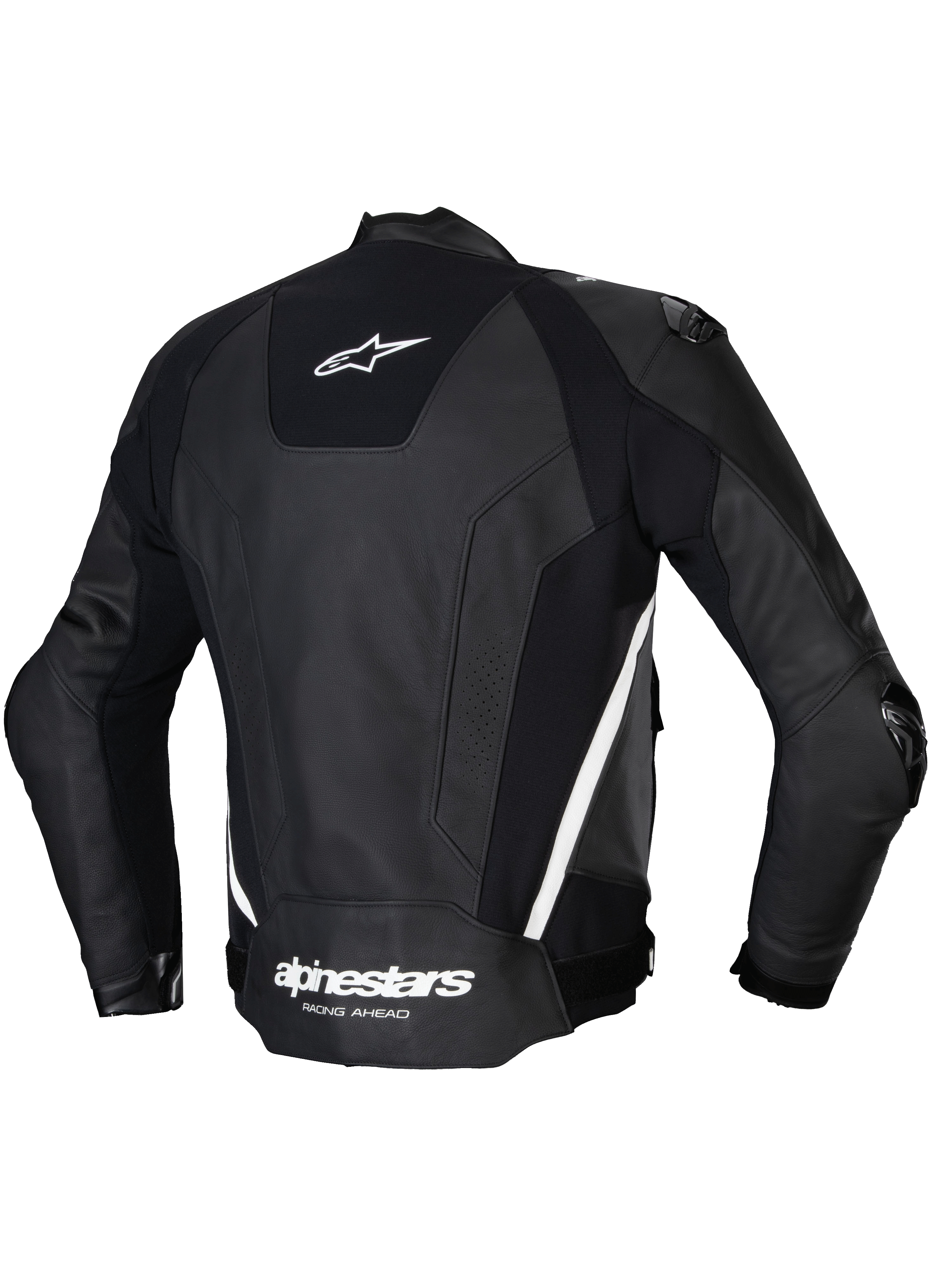 Alpinestars Giacca In Pelle Missile V3, giacca da moto sportiva racing da uomo, vista posteriore in nero e bianco, in pelle bovina premium con pannelli elasticizzati e protezione esterna sulle spalle