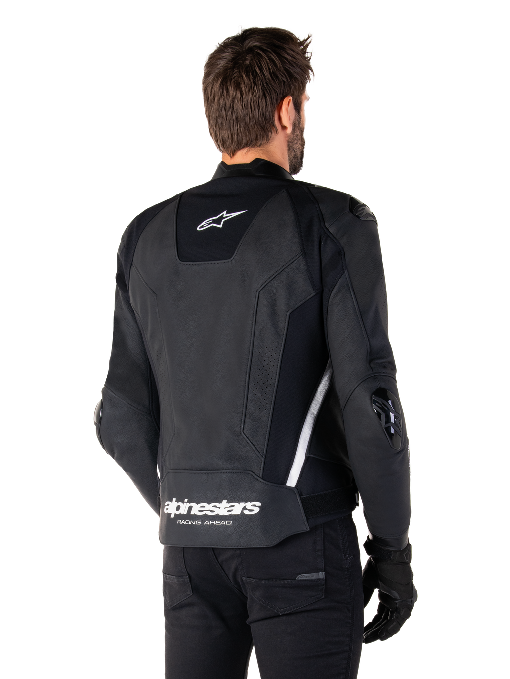 Giacca in pelle Alpinestars Missile V3, vista posteriore, nero e bianco, con logo a stella Alpinestars sulla parte superiore della schiena e scritta sulla parte inferiore, slider protettivi su gomiti e spalle, abbigliamento da corsa in pelle premium