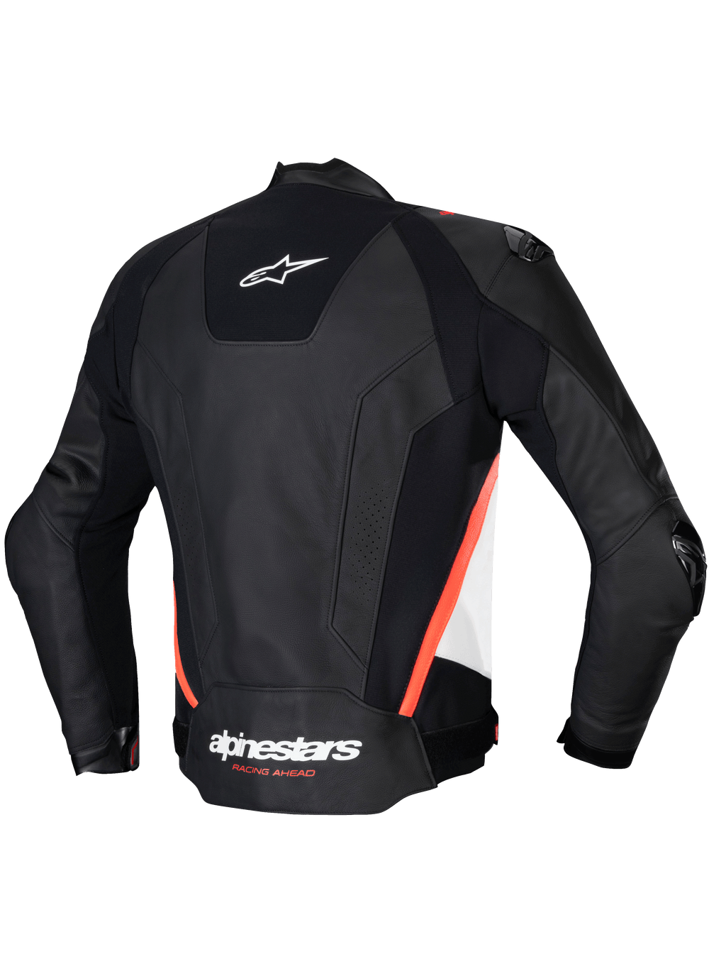 Giacca In Pelle Missile V3, giacca da moto sportiva e racing da uomo, vista posteriore, nera, bianca e rosso fluo, in pelle bovina premium, certificata CE