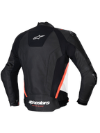 Giacca In Pelle Missile V3, giacca da moto sportiva e racing da uomo, vista posteriore, nera, bianca e rosso fluo, in pelle bovina premium, certificata CE