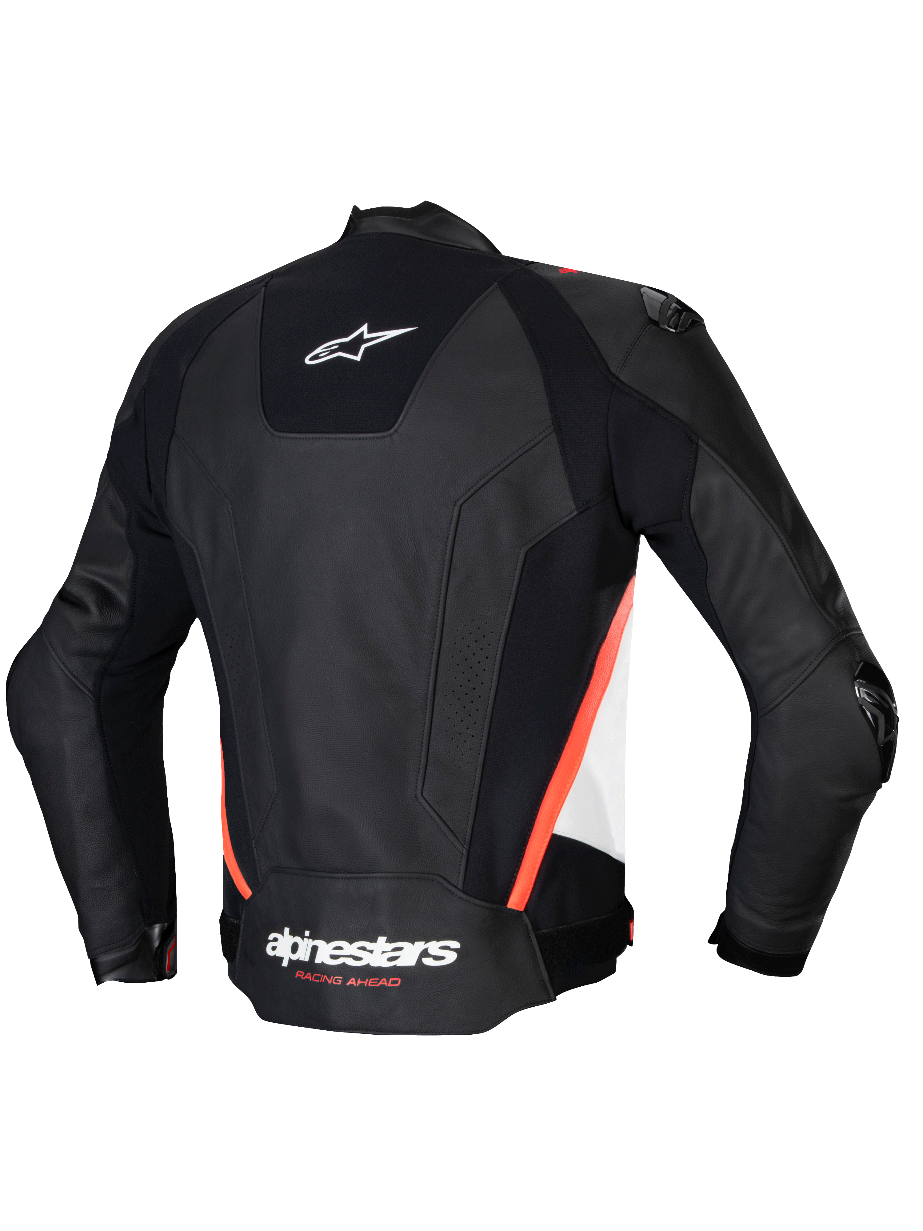 Giacca In Pelle Missile V3, giacca da moto sportiva e racing da uomo, vista posteriore, nera, bianca e rosso fluo, in pelle bovina premium, certificata CE