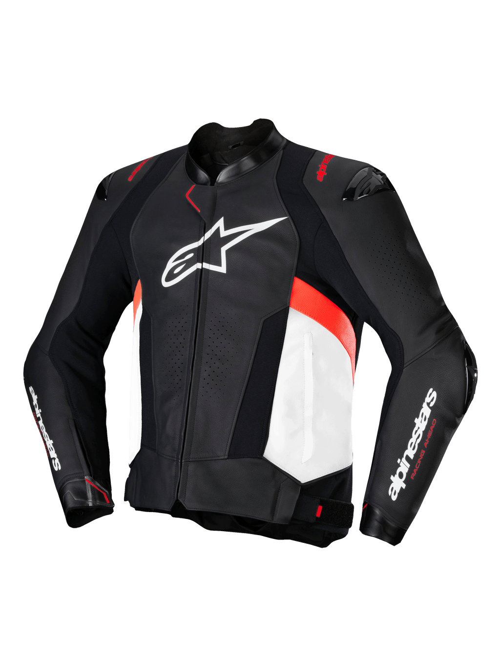 Giacca in pelle Alpinestars Missile V3, giacca da moto sportiva da uomo, nera, bianca e rosso fluo, in pelle bovina premium, certificata CE