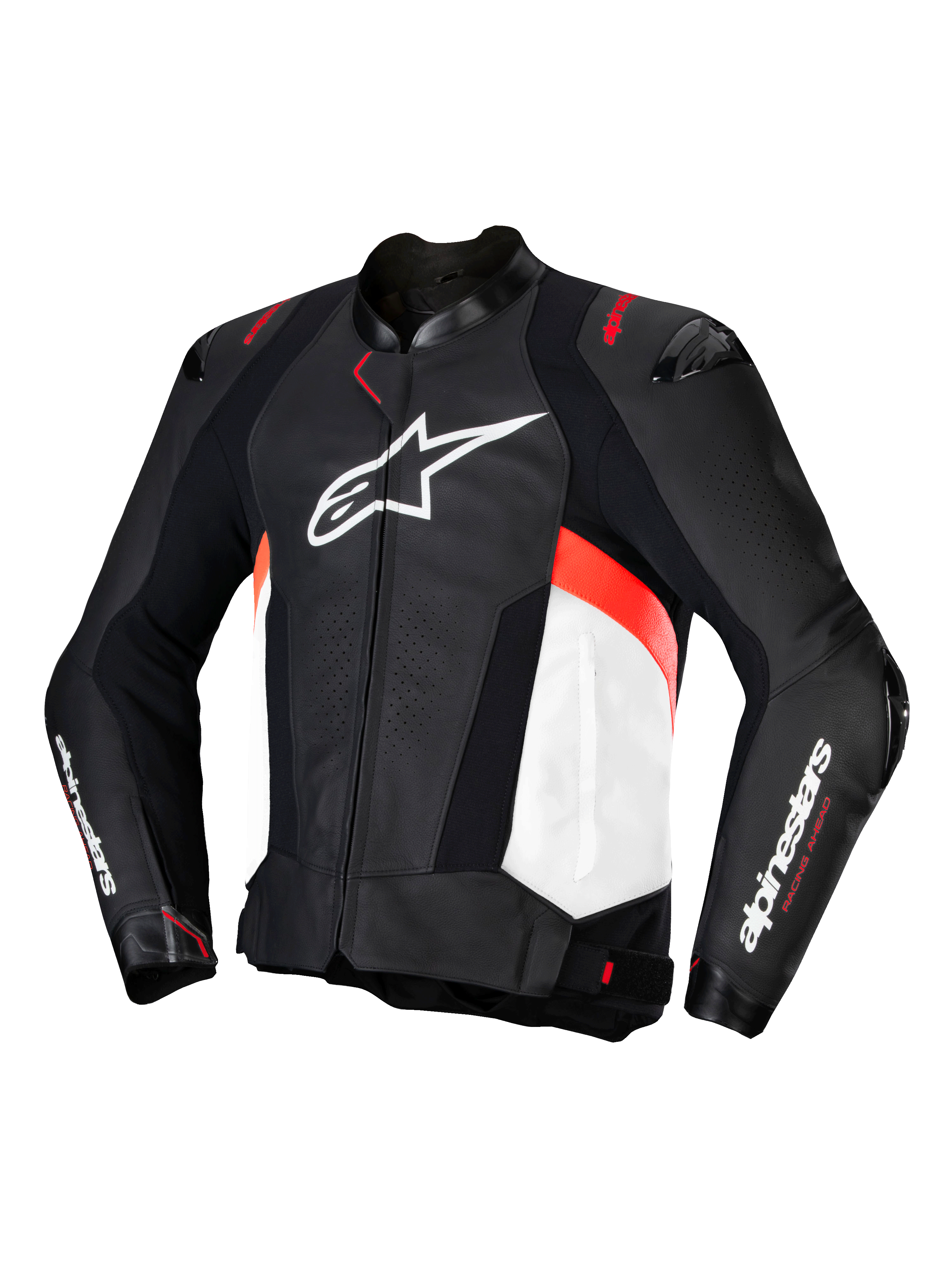 Giacca in pelle Alpinestars Missile V3, giacca da moto sportiva da uomo, nera, bianca e rosso fluo, in pelle bovina premium, certificata CE