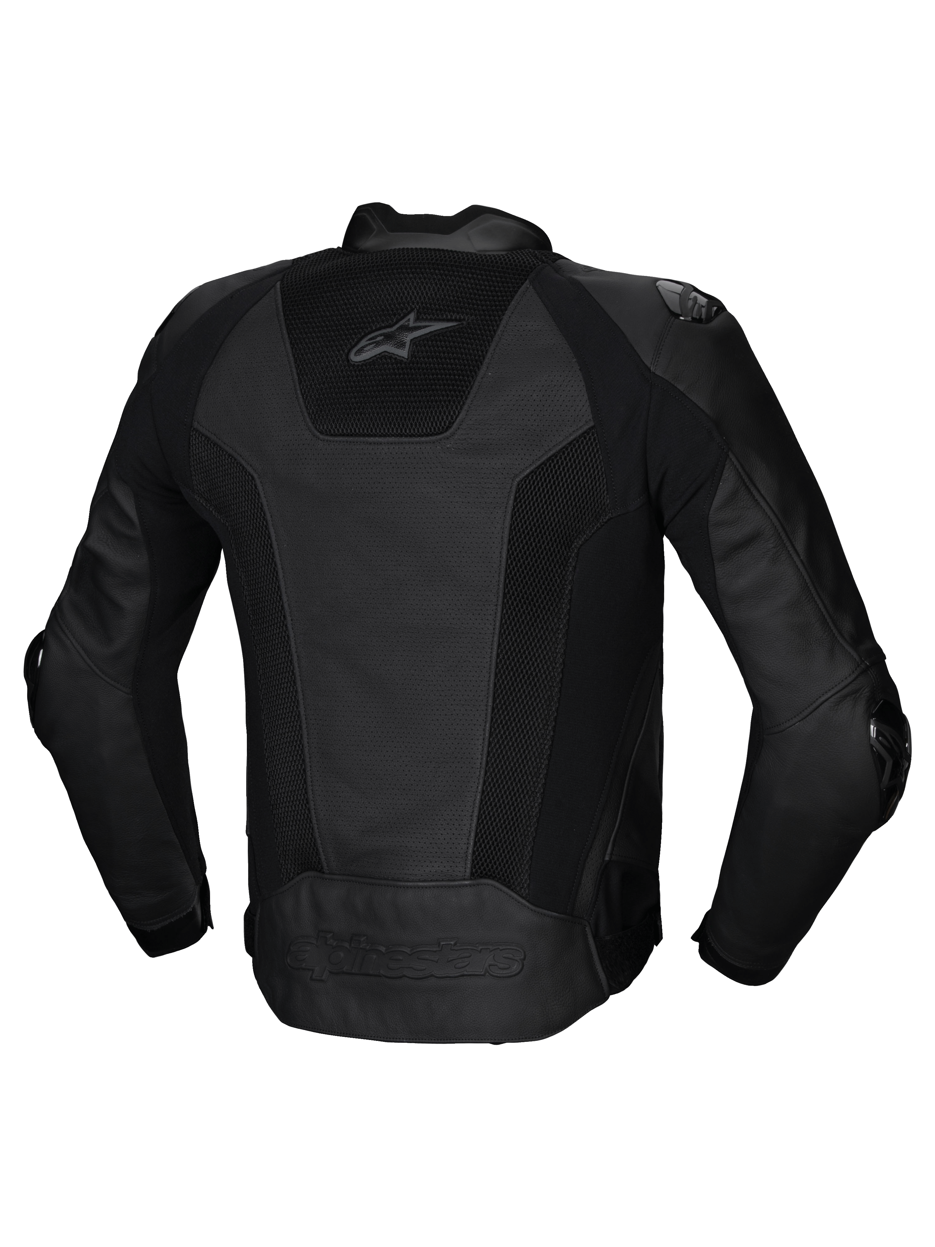 Alpinestars Giacca In Pelle Missile V3 Airflow, giacca da moto sportiva da uomo, vista posteriore, nera, con pannelli in pelle perforata e inserti elasticizzati, certificata CE classe AA