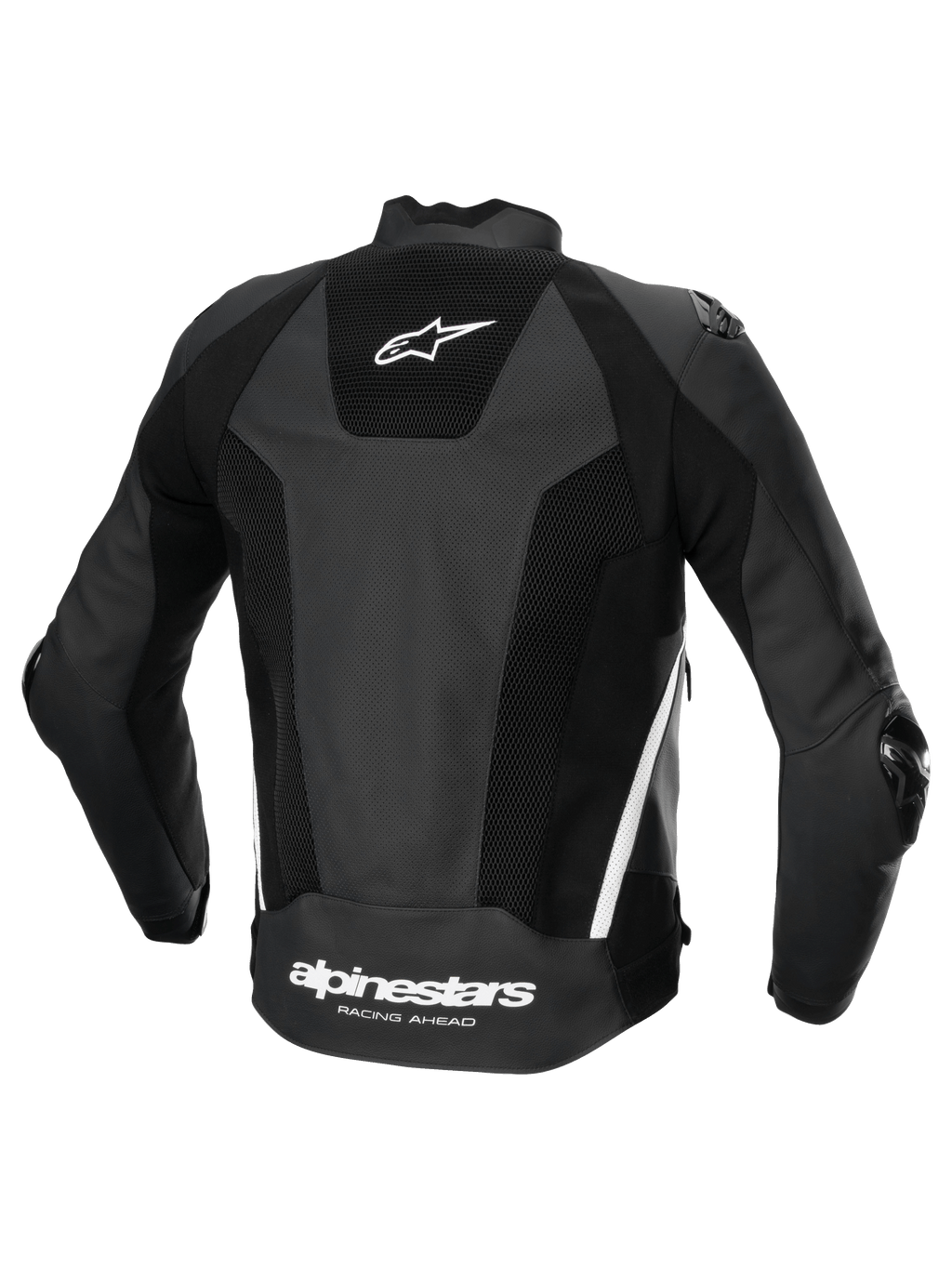 Giacca In Pelle Missile V3 Airflow, giacca da moto sportiva da corsa da uomo, vista posteriore, nera e bianca, pelle traforata di qualità superiore con pannelli elasticizzati e logo posteriore