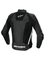 Giacca In Pelle Missile V3 Airflow, giacca da moto sportiva da corsa da uomo, vista posteriore, nera e bianca, pelle traforata di qualità superiore con pannelli elasticizzati e logo posteriore