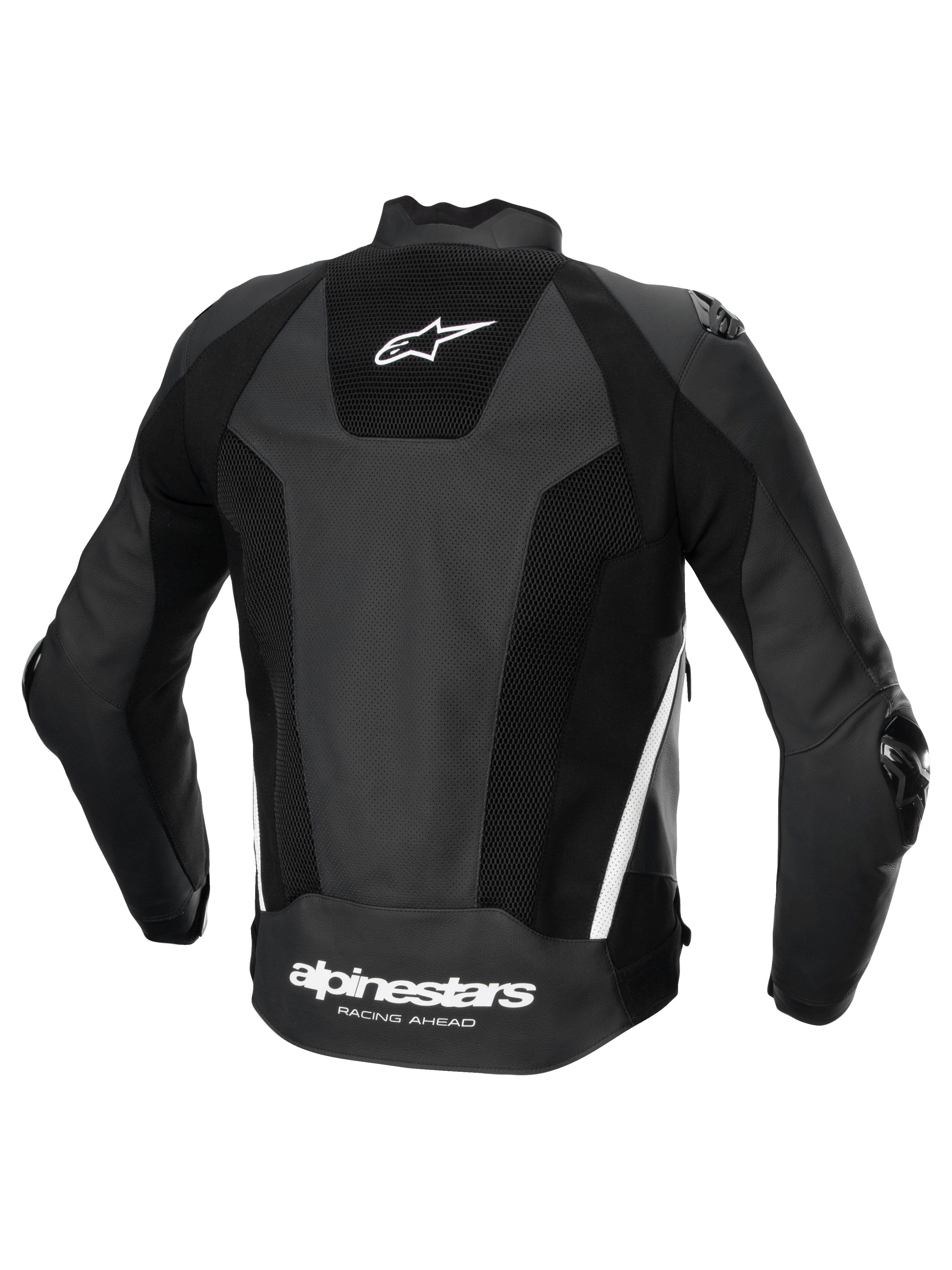 Giacca In Pelle Missile V3 Airflow, giacca da moto sportiva da corsa da uomo, vista posteriore, nera e bianca, pelle traforata di qualità superiore con pannelli elasticizzati e logo posteriore