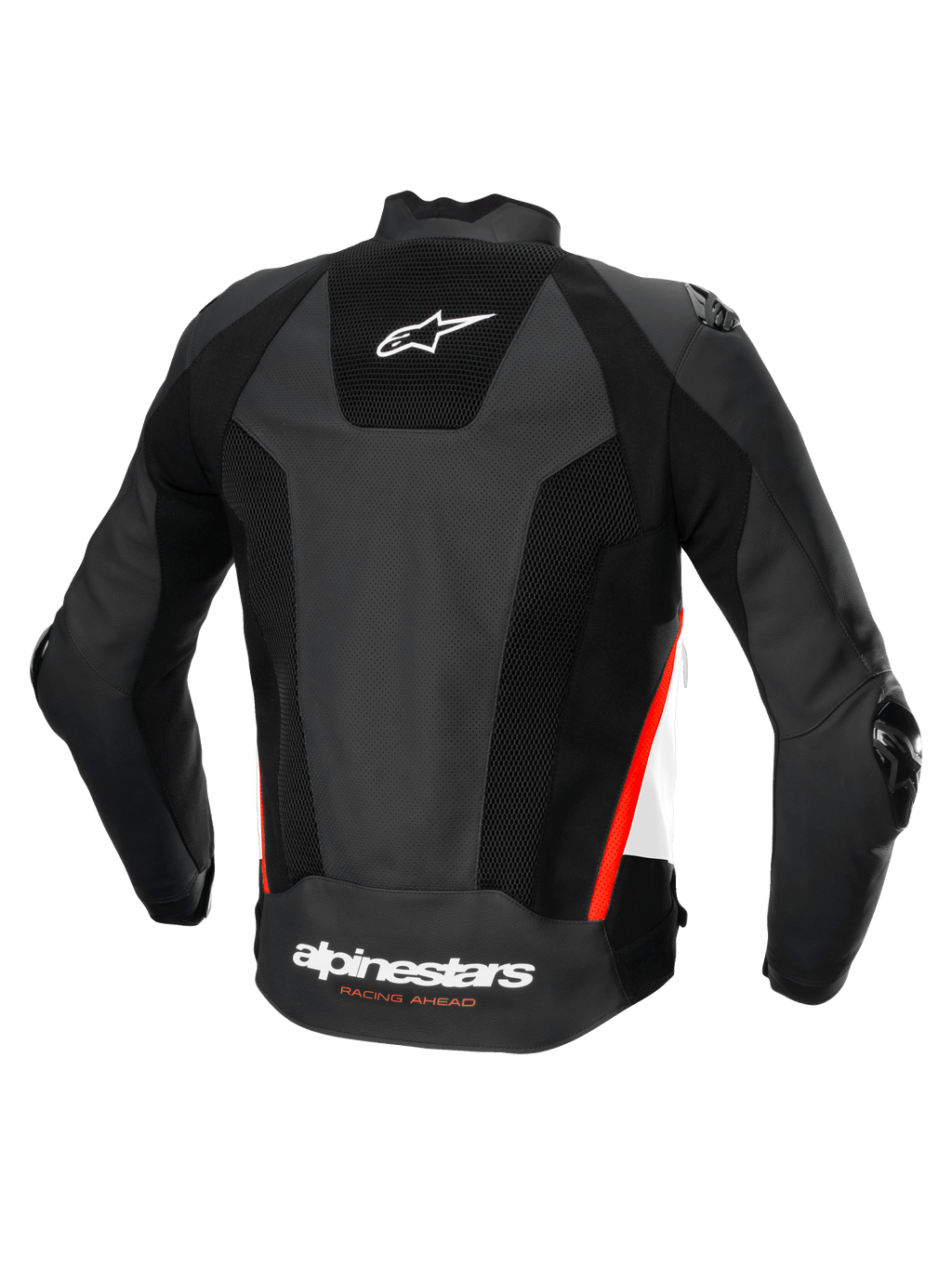 Giacca in pelle Alpinestars Missile V3 Airflow, giacca moto sportiva da uomo, vista posteriore, nera con dettagli bianchi e rossi, pelle traforata con protezione CE