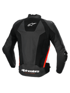 Giacca in pelle Alpinestars Missile V3 Airflow, giacca moto sportiva da uomo, vista posteriore, nera con dettagli bianchi e rossi, pelle traforata con protezione CE