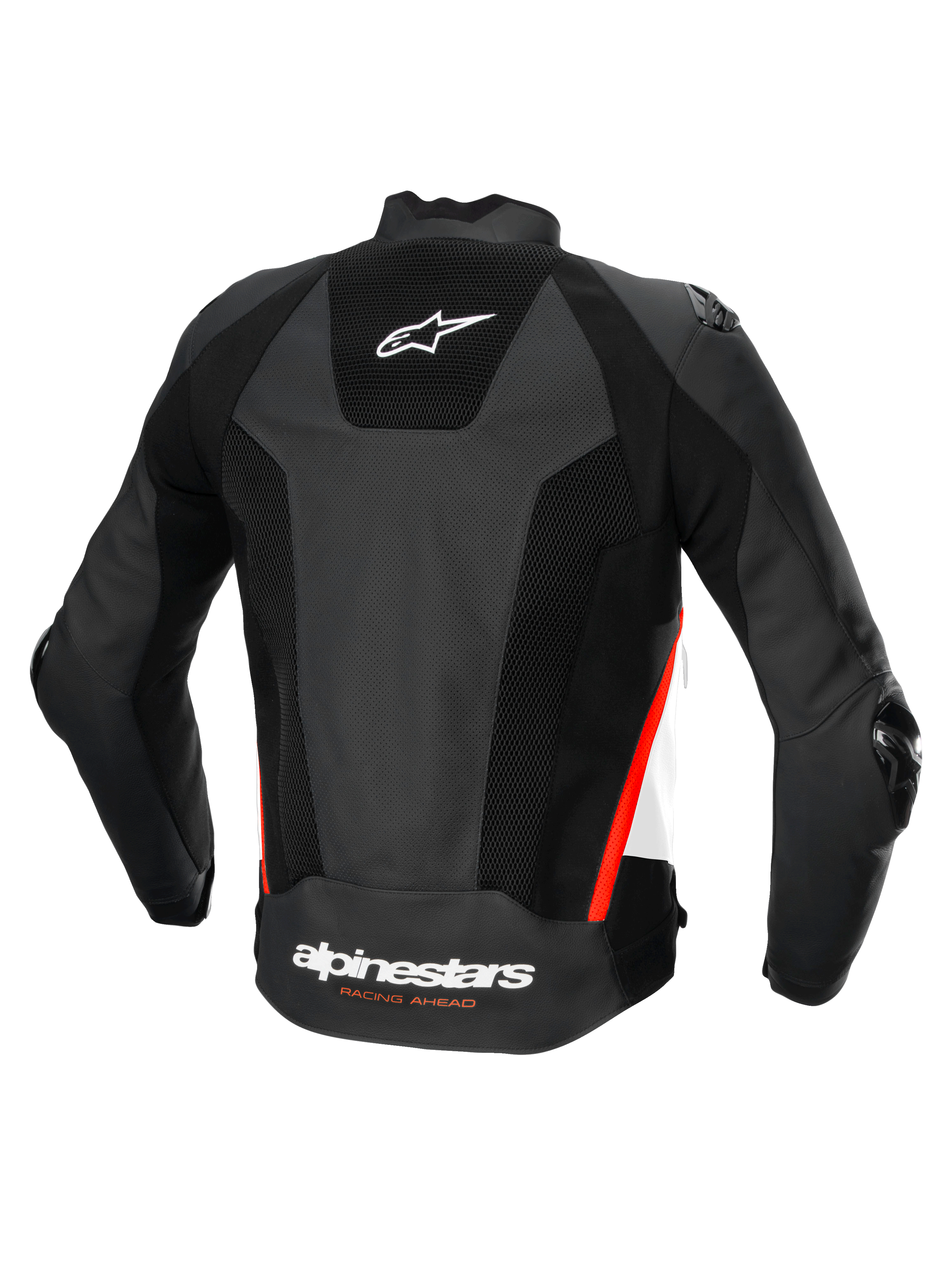 Giacca in pelle Alpinestars Missile V3 Airflow, giacca moto sportiva da uomo, vista posteriore, nera con dettagli bianchi e rossi, pelle traforata con protezione CE