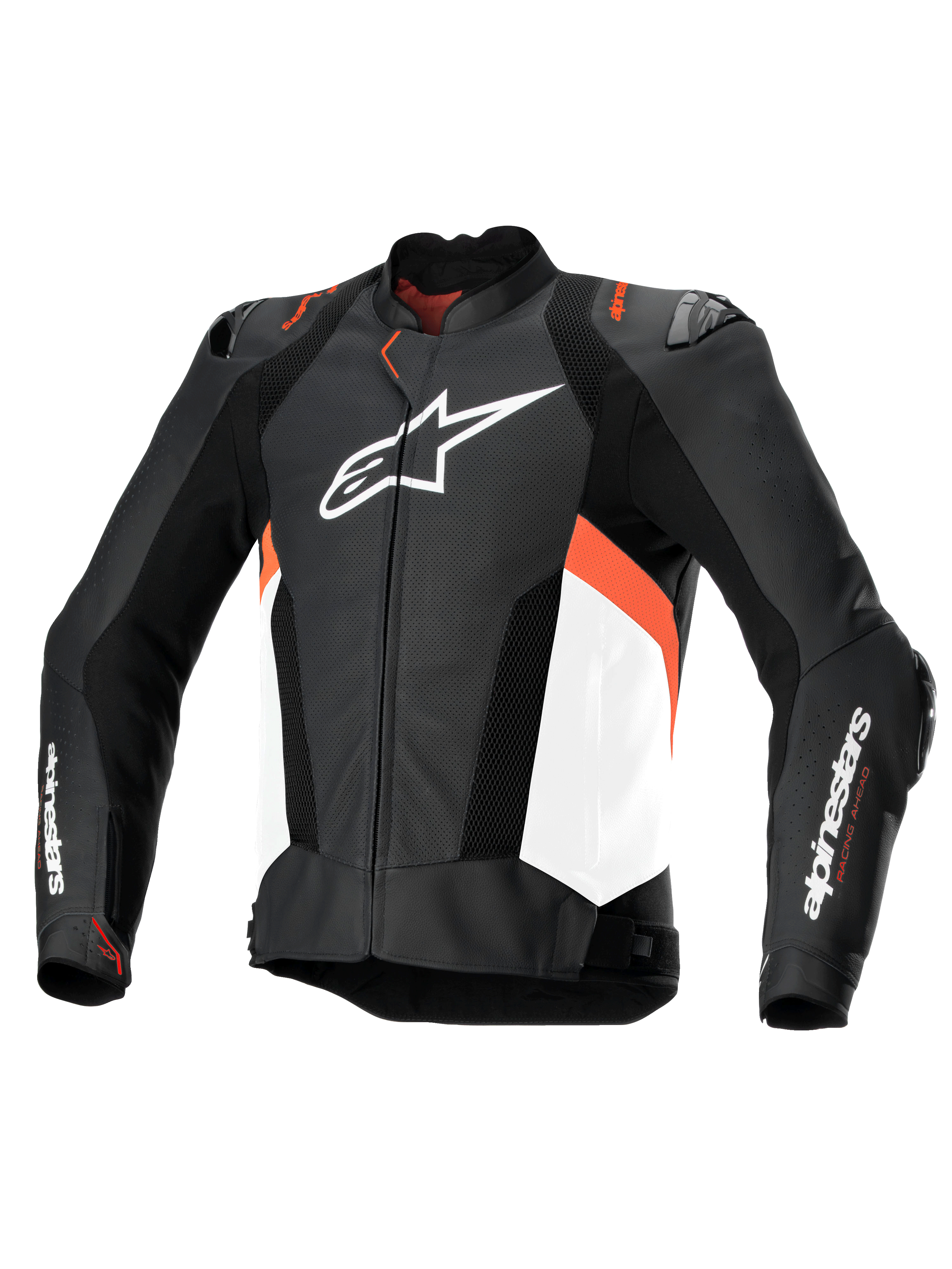Alpinestars Giacca In Pelle Missile V3 Airflow, giacca da moto racing in pelle nera, bianca e rosso fluo, ventilata, certificata CE