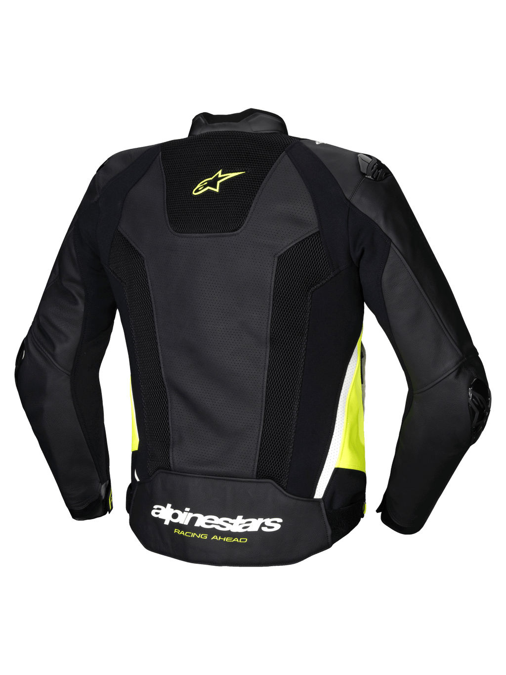 Alpinestars Giacca In Pelle Missile V3 Airflow, giacca da moto racing da uomo, vista posteriore nera, giallo fluo e bianco con pelle perforata e pannelli elasticizzati, certificata CE classe AA