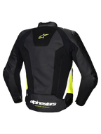 Alpinestars Giacca In Pelle Missile V3 Airflow, giacca da moto racing da uomo, vista posteriore nera, giallo fluo e bianco con pelle perforata e pannelli elasticizzati, certificata CE classe AA