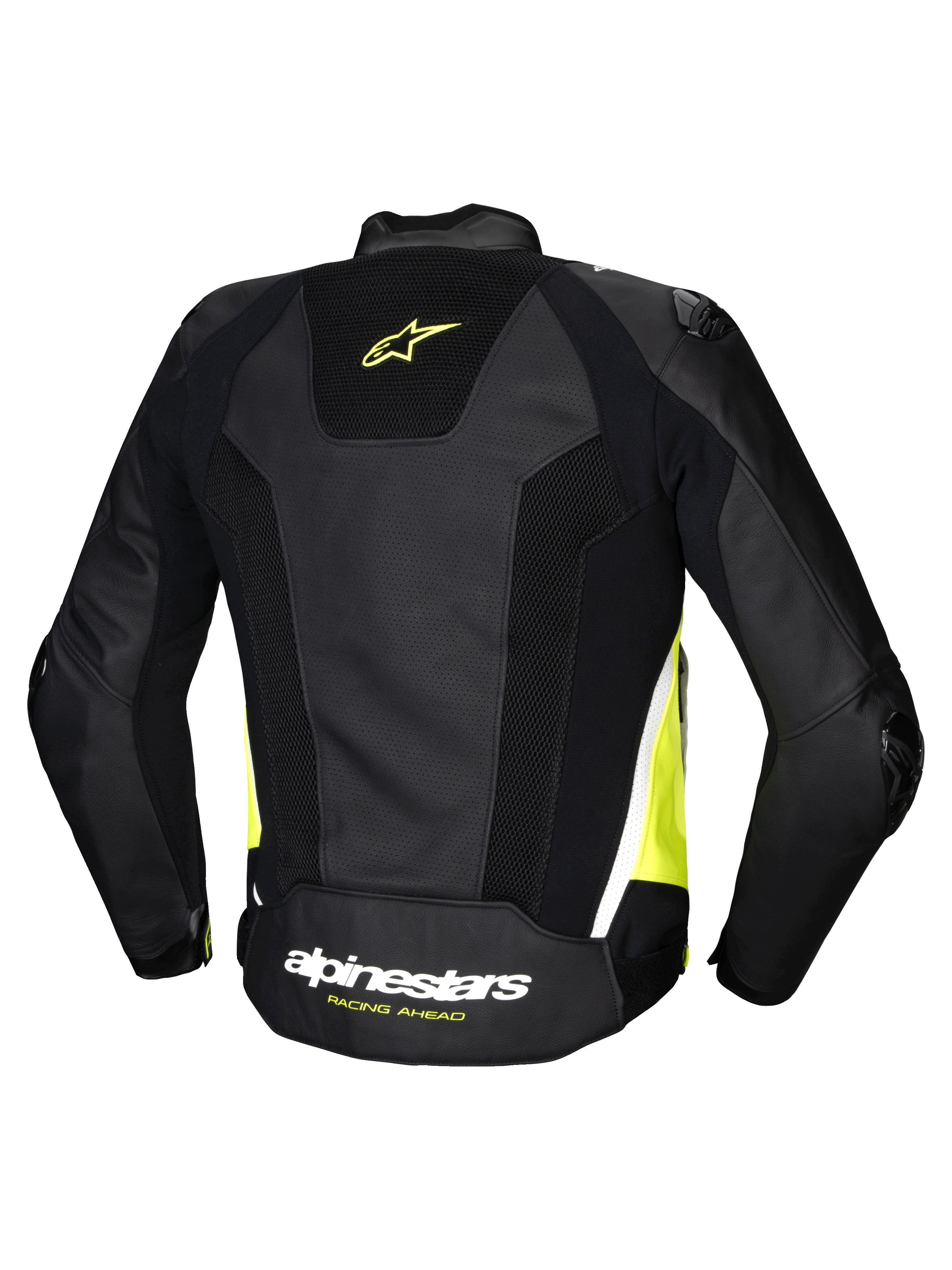 Alpinestars Giacca In Pelle Missile V3 Airflow, giacca da moto racing da uomo, vista posteriore nera, giallo fluo e bianco con pelle perforata e pannelli elasticizzati, certificata CE classe AA