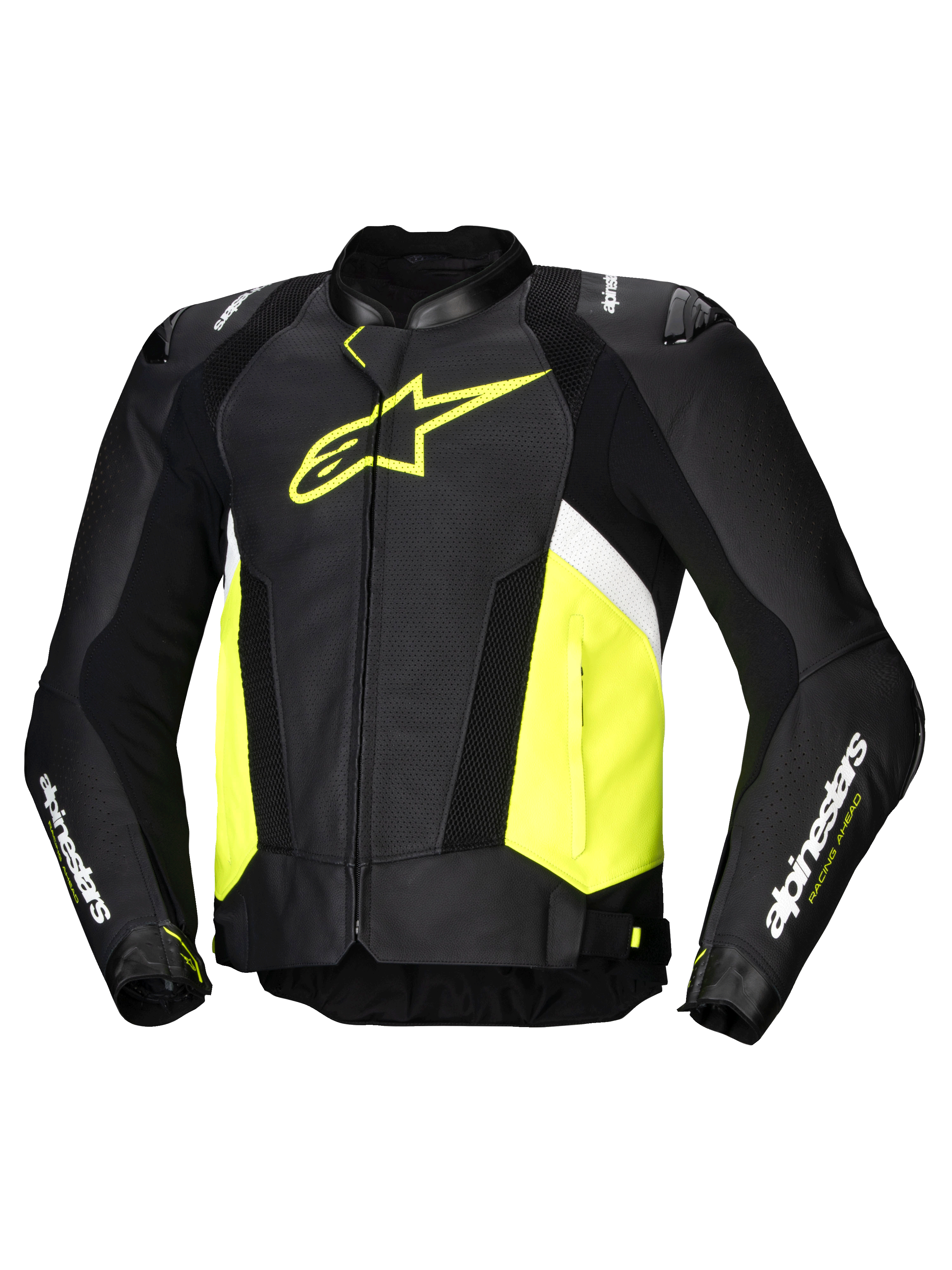 Alpinestars Giacca In Pelle Missile V3 Airflow, giacca da moto racing da uomo, nera, giallo fluo e bianca, in pelle bovina perforata con protezioni spalle DFS e design Tech-Air ready