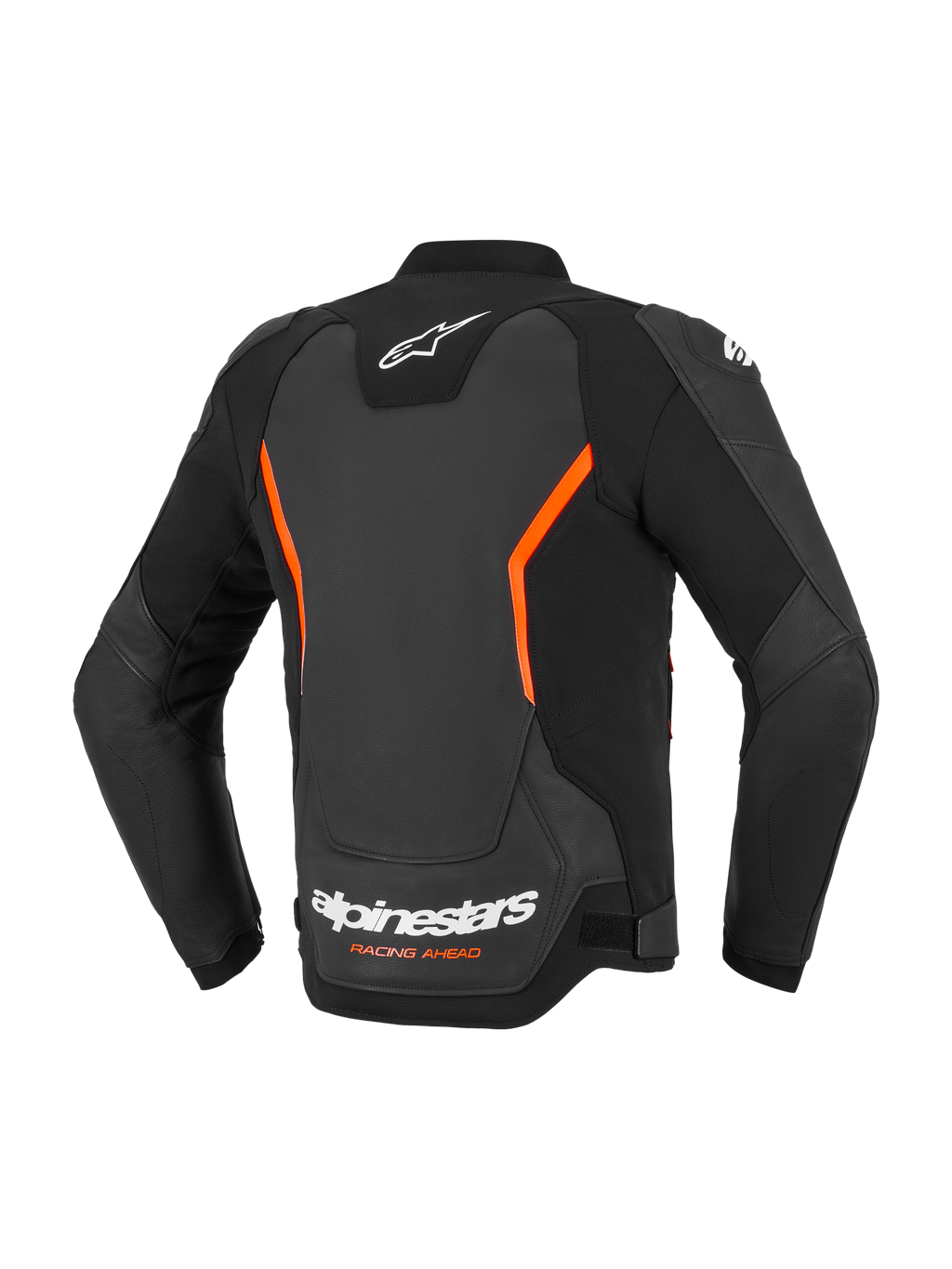 Giacca in pelle Alpinestars GP Force V2, giacca da moto in pelle, nero e rosso fluo, vista posteriore con loghi Alpinestars bianchi e scritta Racing Ahead arancione, accenti angolari rosso fluo, costruzione multi-pannello con maniche pre-curvate