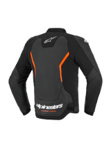 Giacca in pelle Alpinestars GP Force V2, giacca da moto in pelle, nero e rosso fluo, vista posteriore con loghi Alpinestars bianchi e scritta Racing Ahead arancione, accenti angolari rosso fluo, costruzione multi-pannello con maniche pre-curvate
