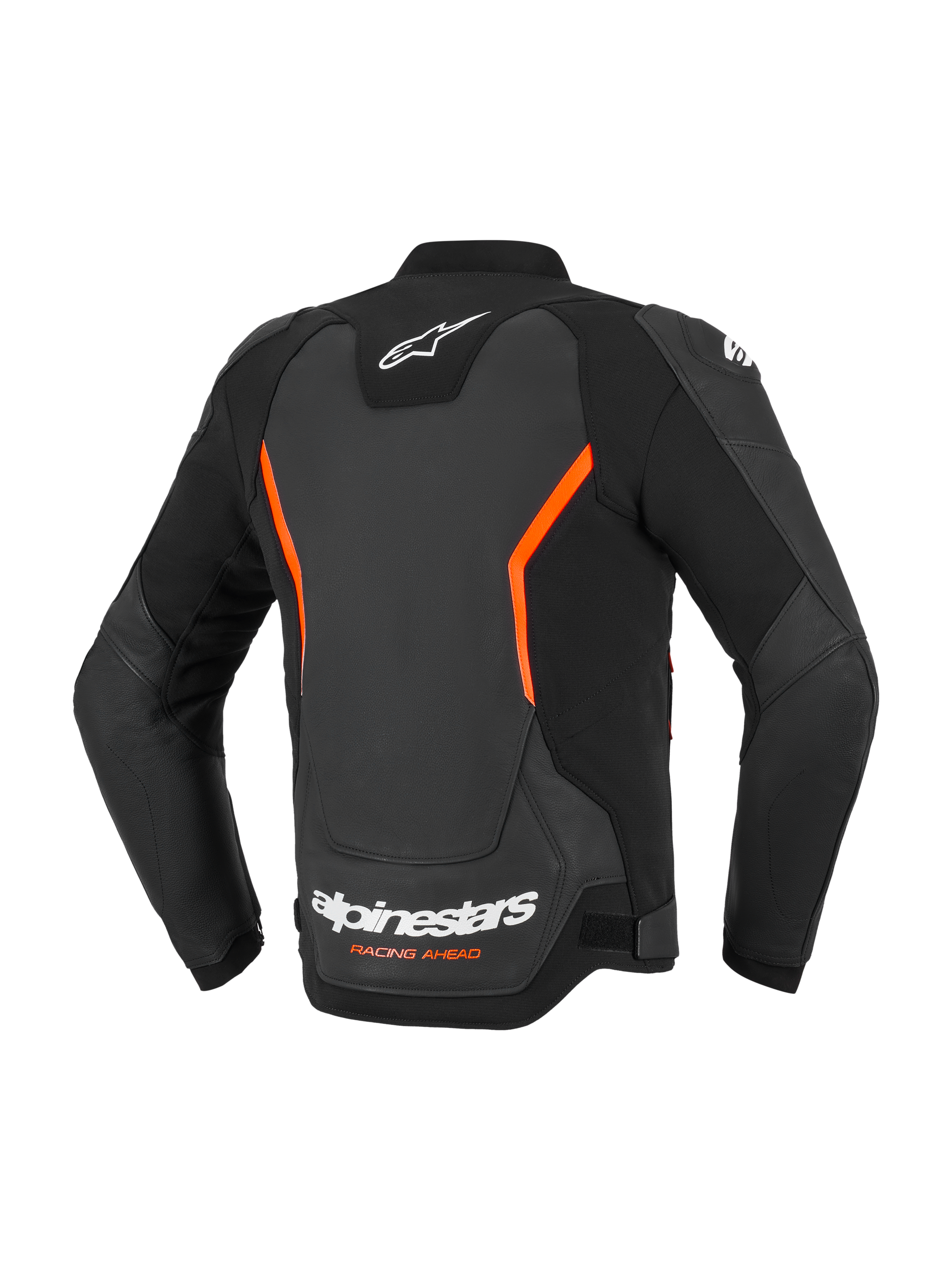 Giacca in pelle Alpinestars GP Force V2, giacca da moto in pelle, nero e rosso fluo, vista posteriore con loghi Alpinestars bianchi e scritta Racing Ahead arancione, accenti angolari rosso fluo, costruzione multi-pannello con maniche pre-curvate