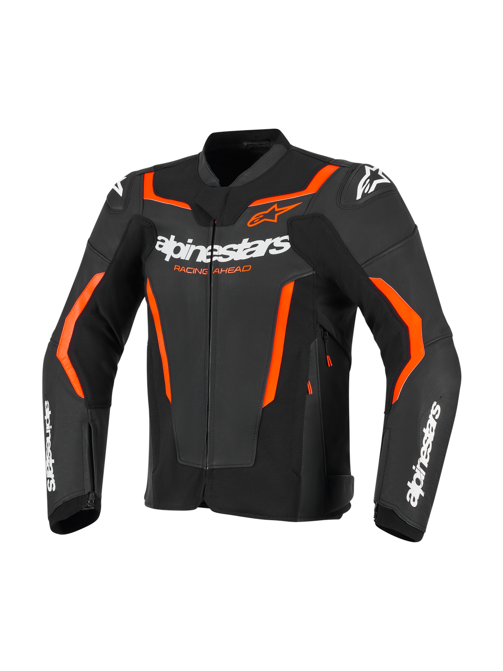 Giacca in pelle Alpinestars GP Force V2, giacca moto sportiva, nero e rosso fluo, con branding Alpinestars bianco e vivaci accenti rosso arancio, costruzione professionale in pelle con design sport-fit